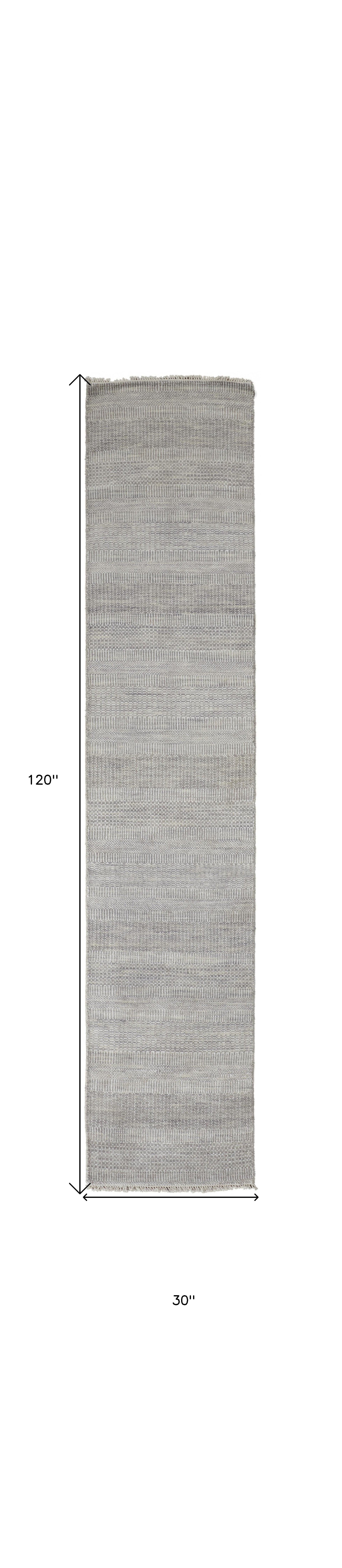 10' Silver Wool Striped Hand Knotted Runner Rug