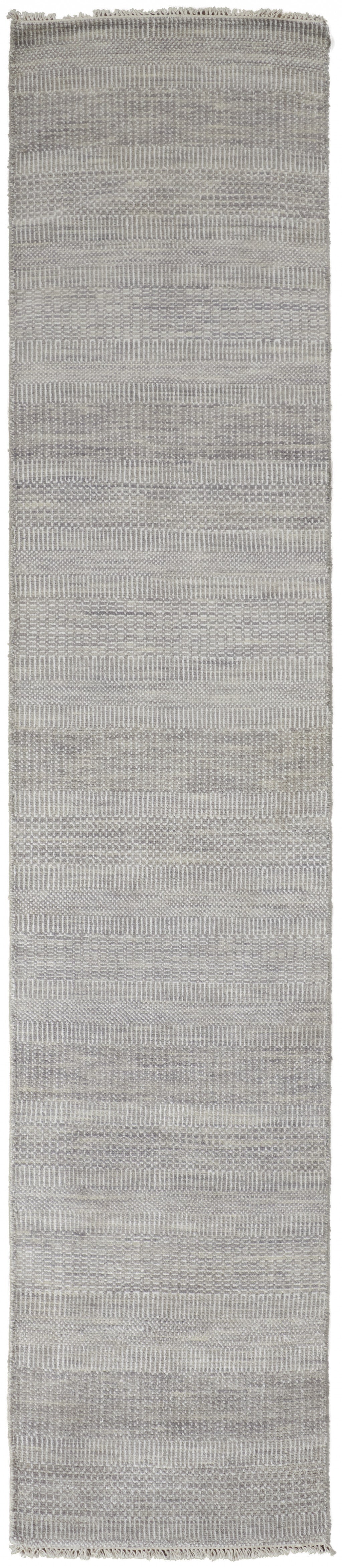 12' Silver Wool Striped Hand Knotted Runner Rug