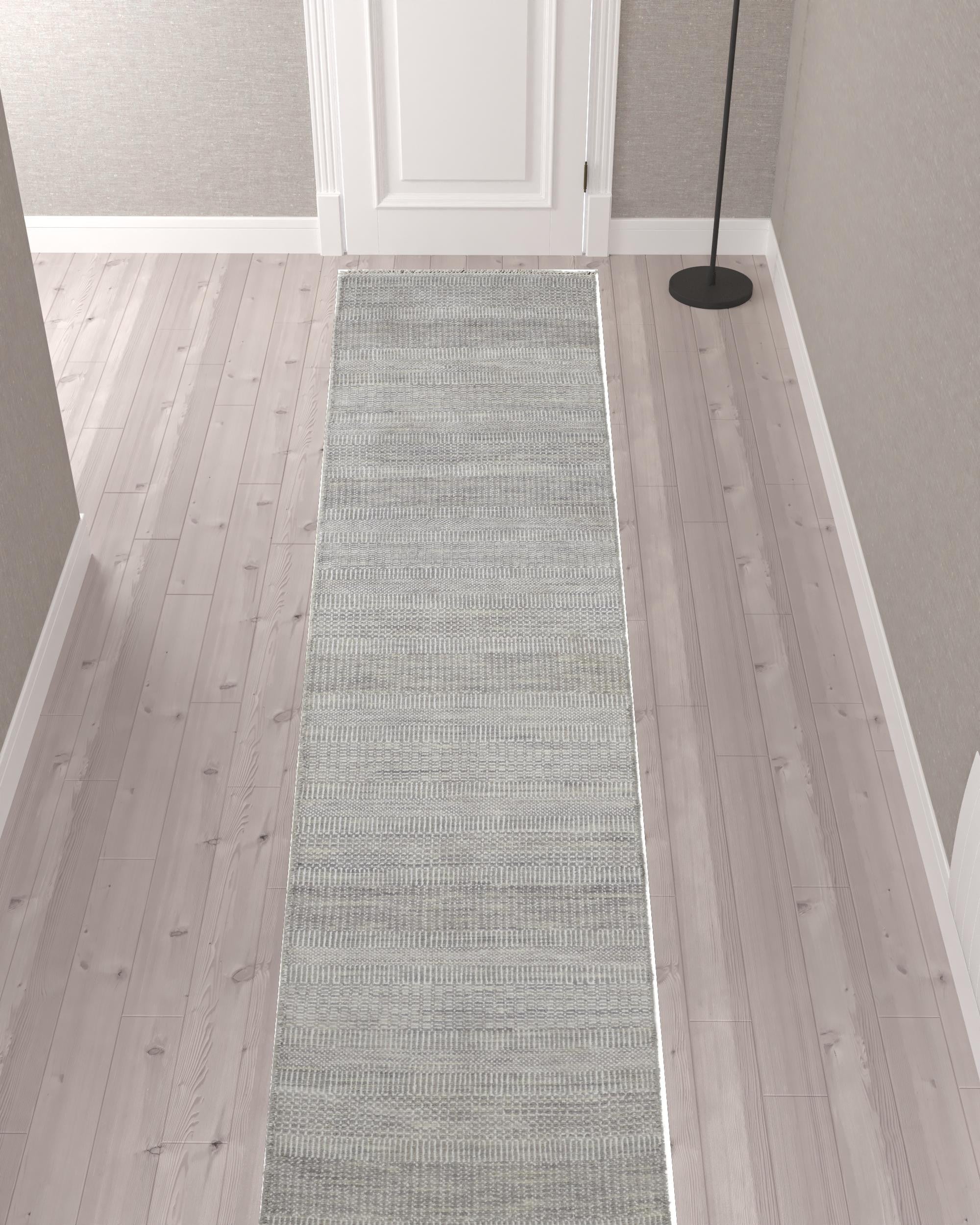 12' Silver Wool Striped Hand Knotted Runner Rug