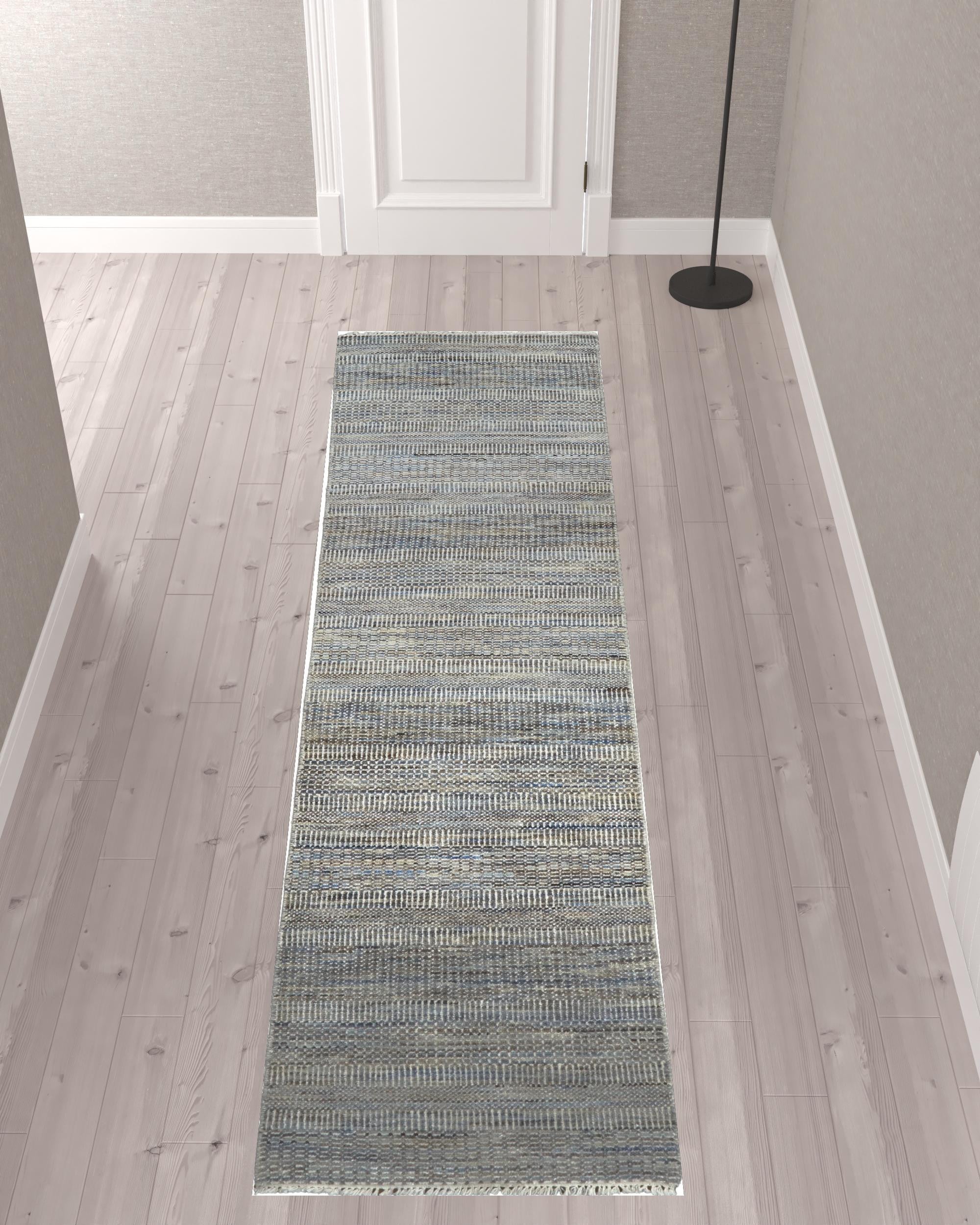 10' Silver Wool Striped Hand Knotted Runner Rug