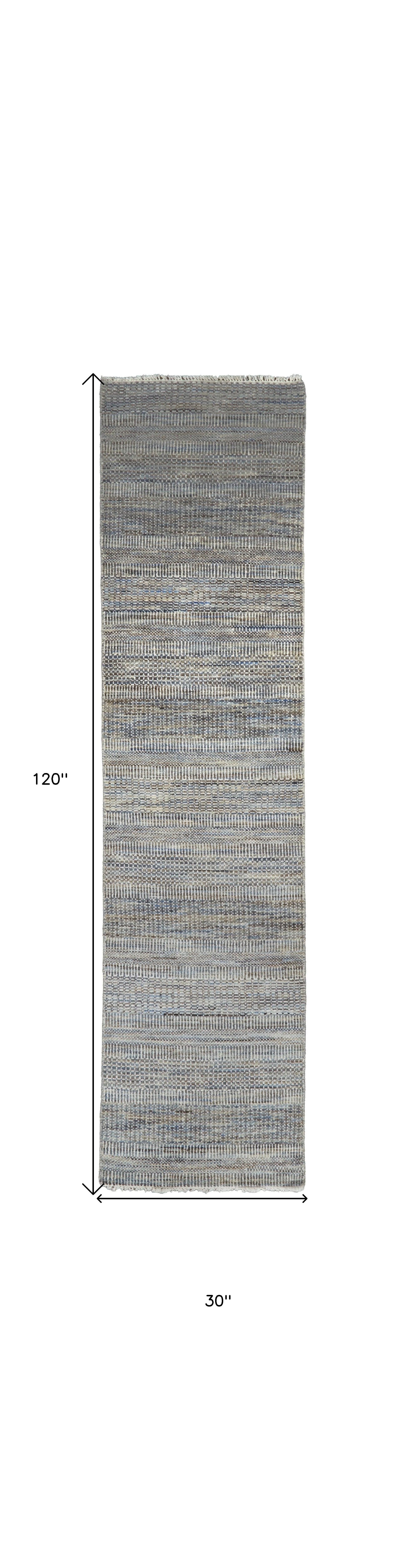 10' Silver Wool Striped Hand Knotted Runner Rug