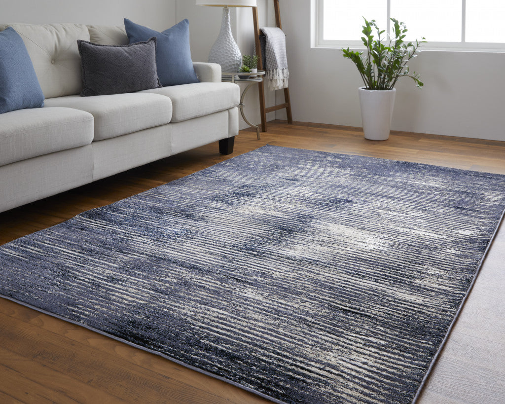 8' X 10' Blue Gray And Ivory Striped Power Loom Distressed Area Rug