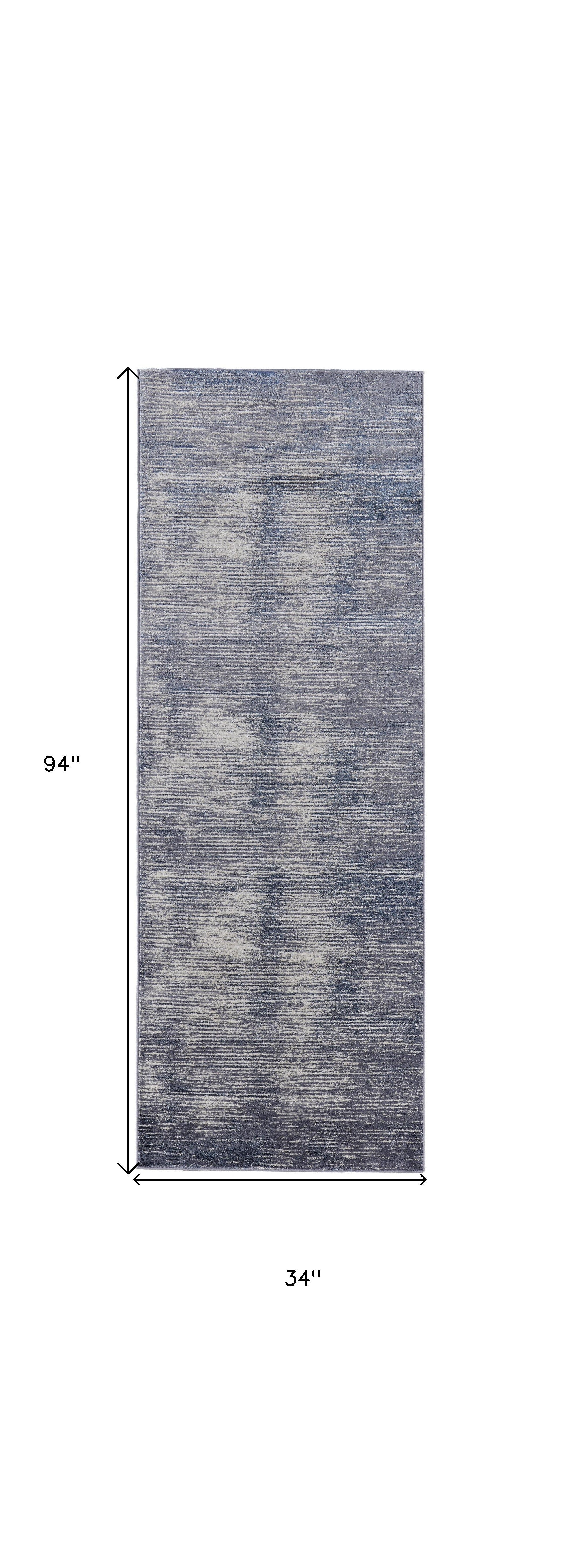 8' Blue Gray And Ivory Striped Power Loom Distressed Runner Rug