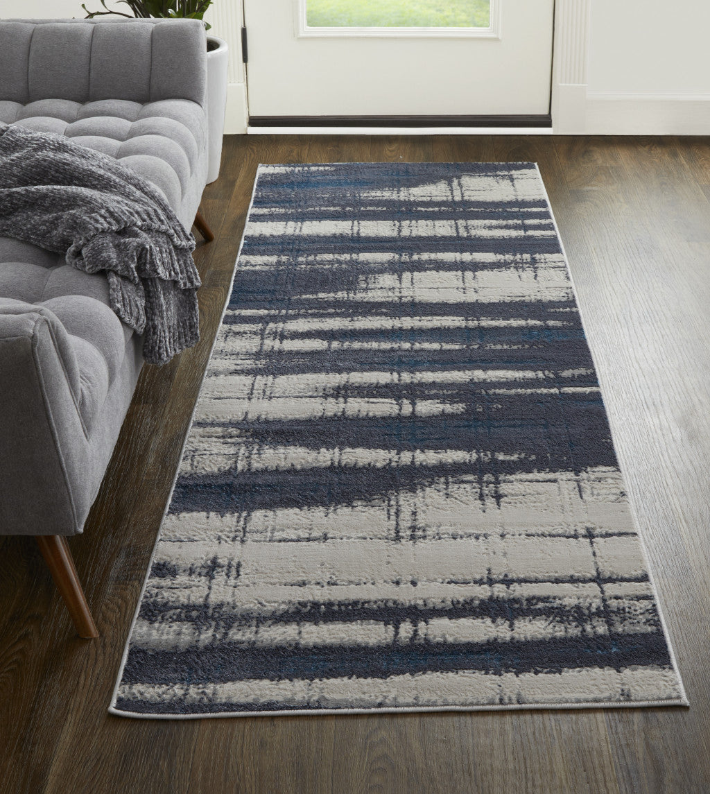 8' Ivory Blue And Gray Abstract Power Loom Distressed Runner Rug