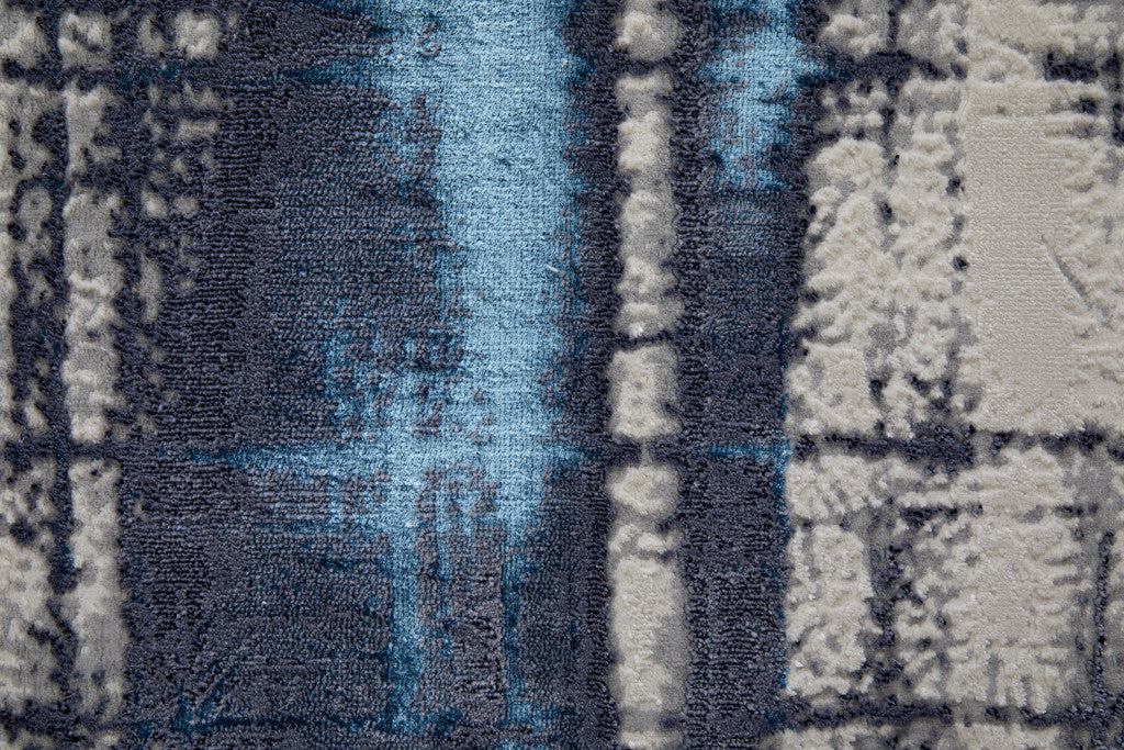 8' Ivory Blue And Gray Abstract Power Loom Distressed Runner Rug