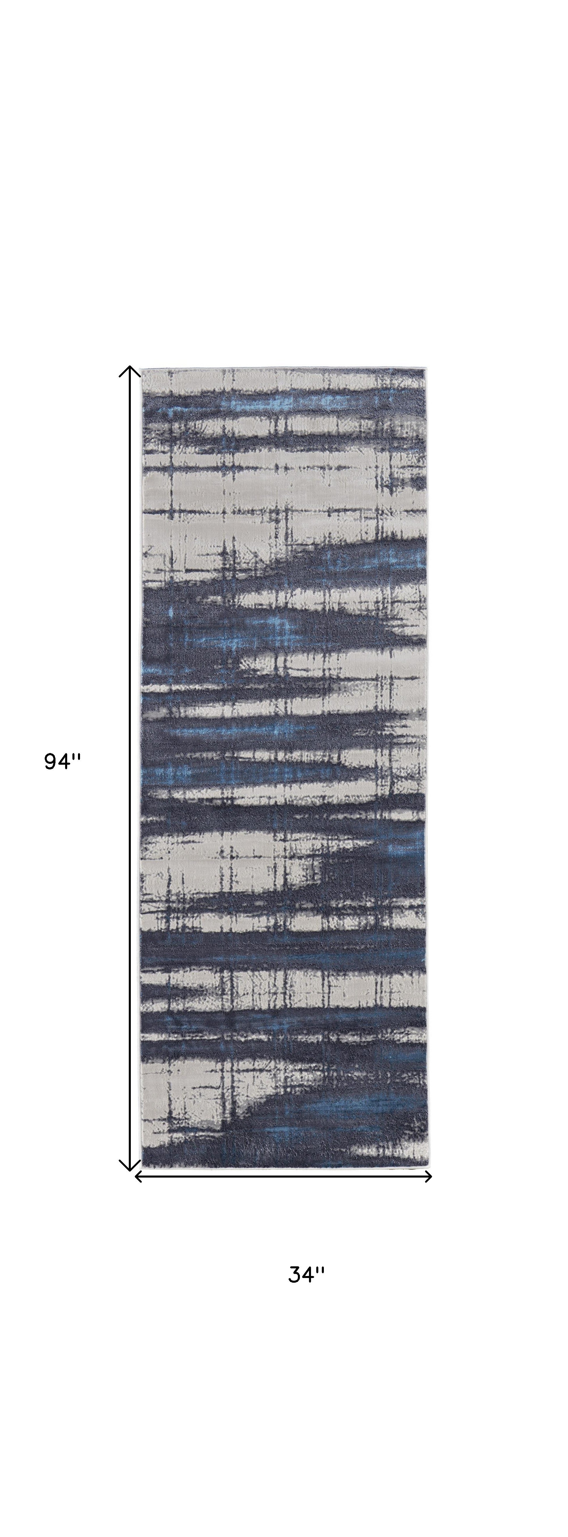 8' Ivory Blue And Gray Abstract Power Loom Distressed Runner Rug