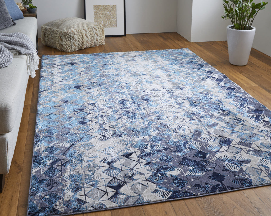 8' X 10' Blue Ivory And Gray Geometric Power Loom Distressed Area Rug