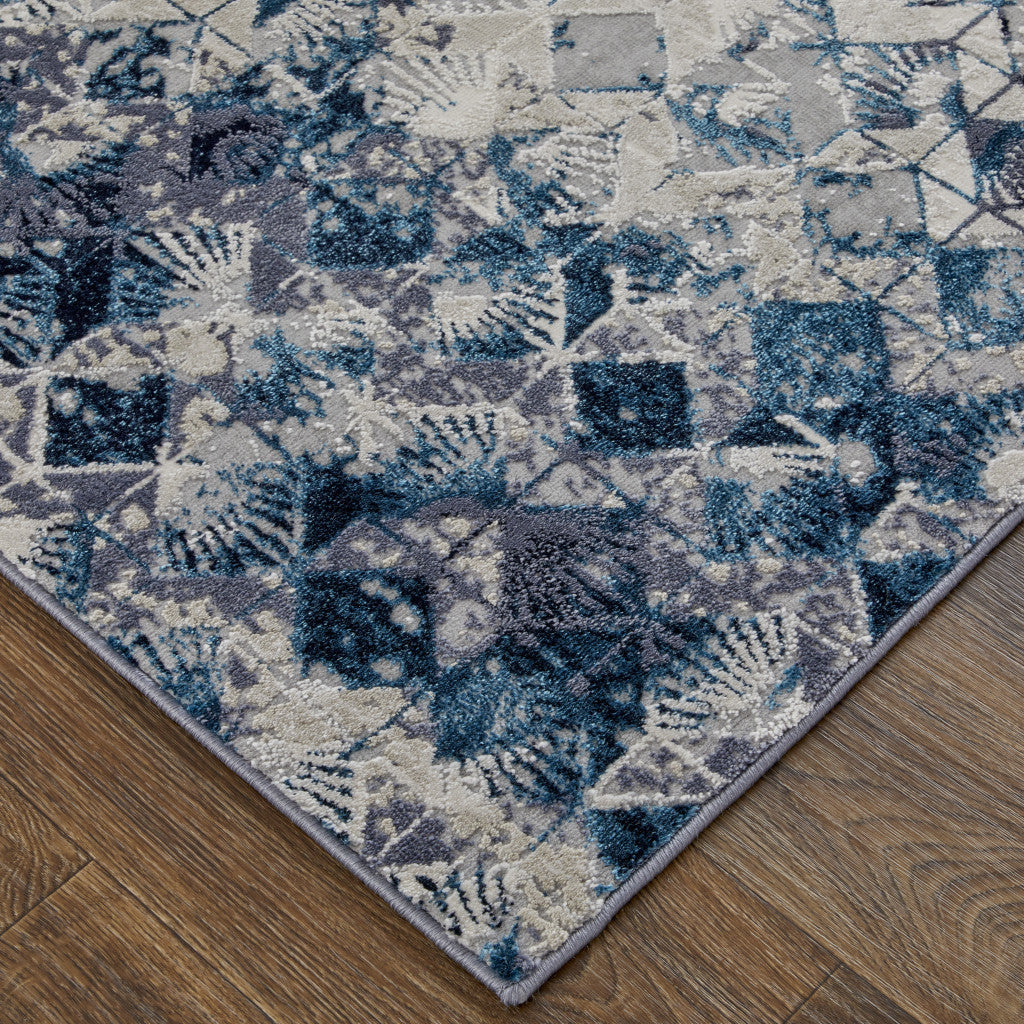 8' X 10' Blue Ivory And Gray Geometric Power Loom Distressed Area Rug