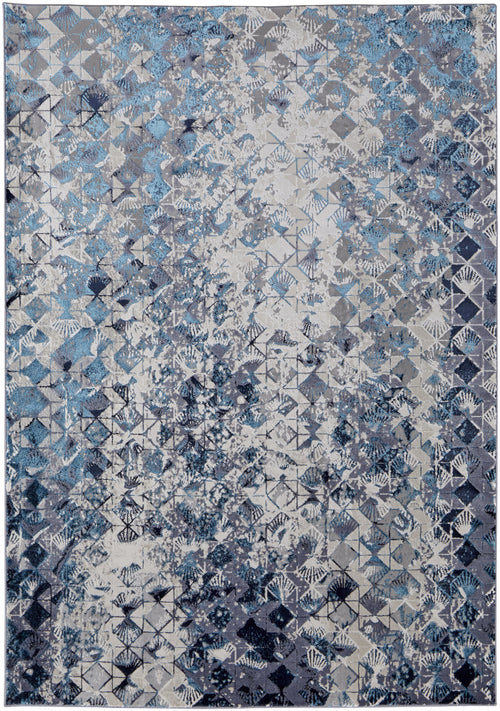 9' X 12' Blue Ivory And Gray Geometric Power Loom Distressed Area Rug