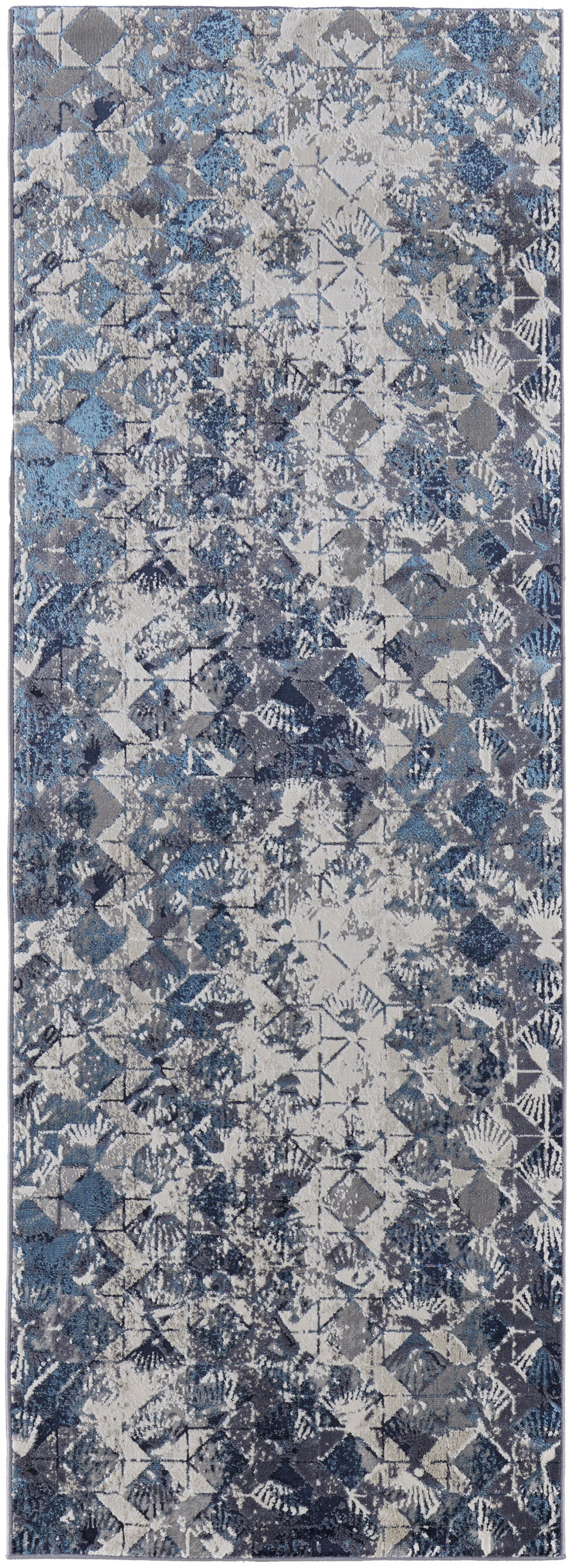 8' Blue Ivory And Gray Geometric Power Loom Distressed Runner Rug