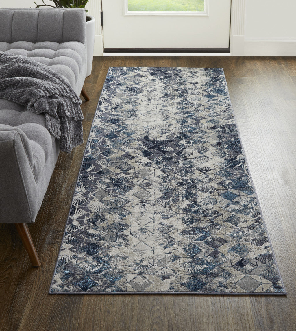 8' Blue Ivory And Gray Geometric Power Loom Distressed Runner Rug