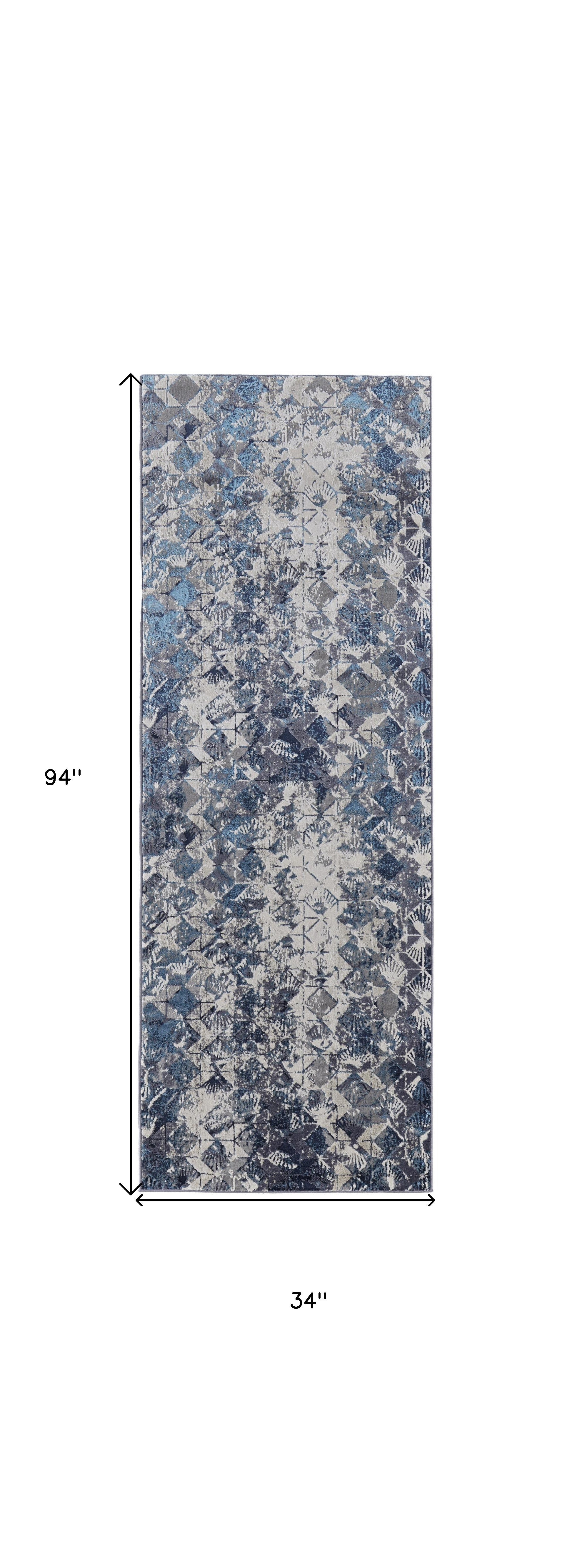 8' Blue Ivory And Gray Geometric Power Loom Distressed Runner Rug