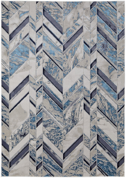 8' X 10' Ivory Blue And Gray Chevron Power Loom Distressed Area Rug