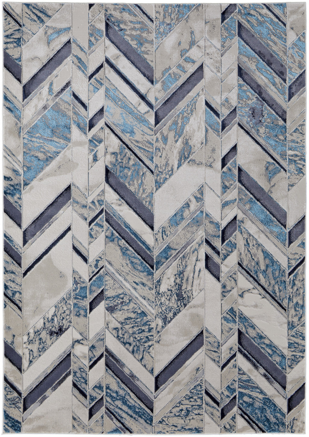 7' X 10' Ivory Blue And Gray Chevron Power Loom Distressed Area Rug