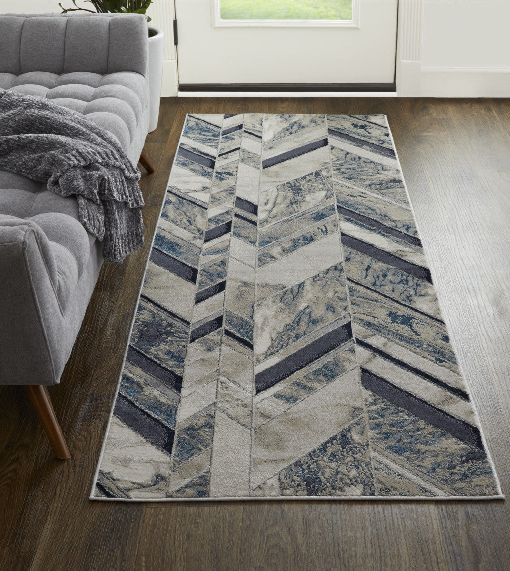 8' Ivory Blue And Gray Chevron Power Loom Distressed Runner Rug