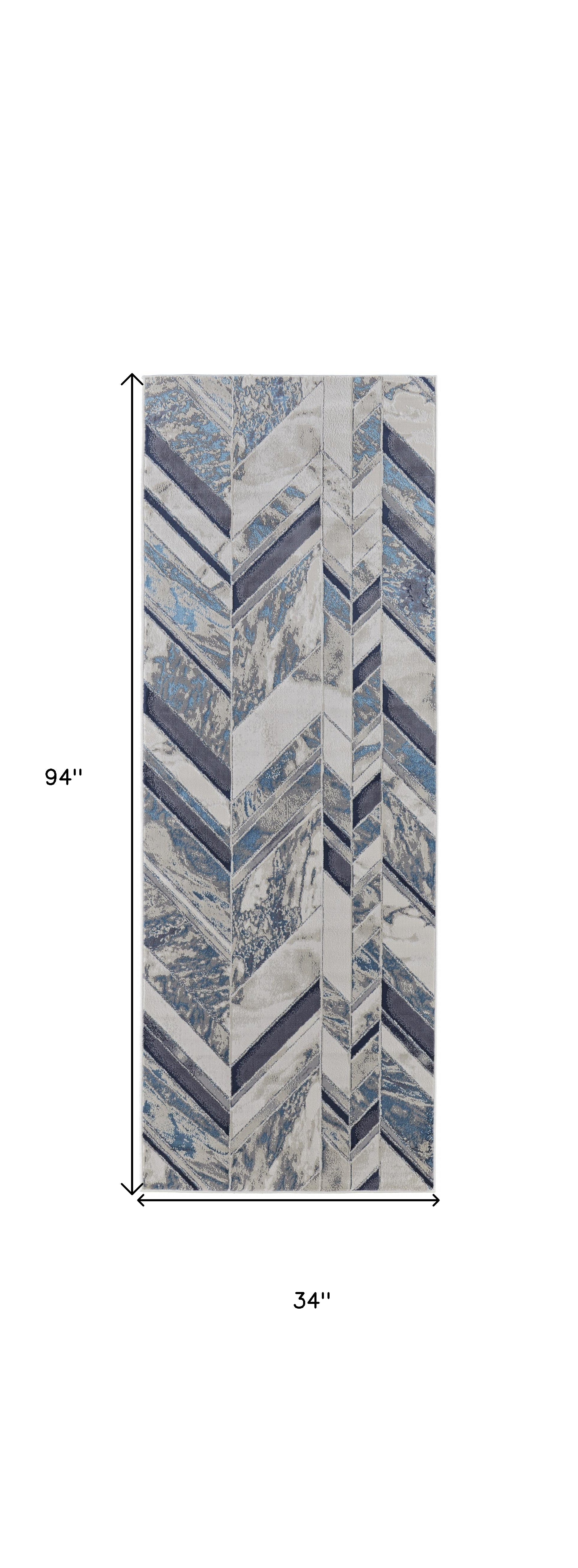 8' Ivory Blue And Gray Chevron Power Loom Distressed Runner Rug