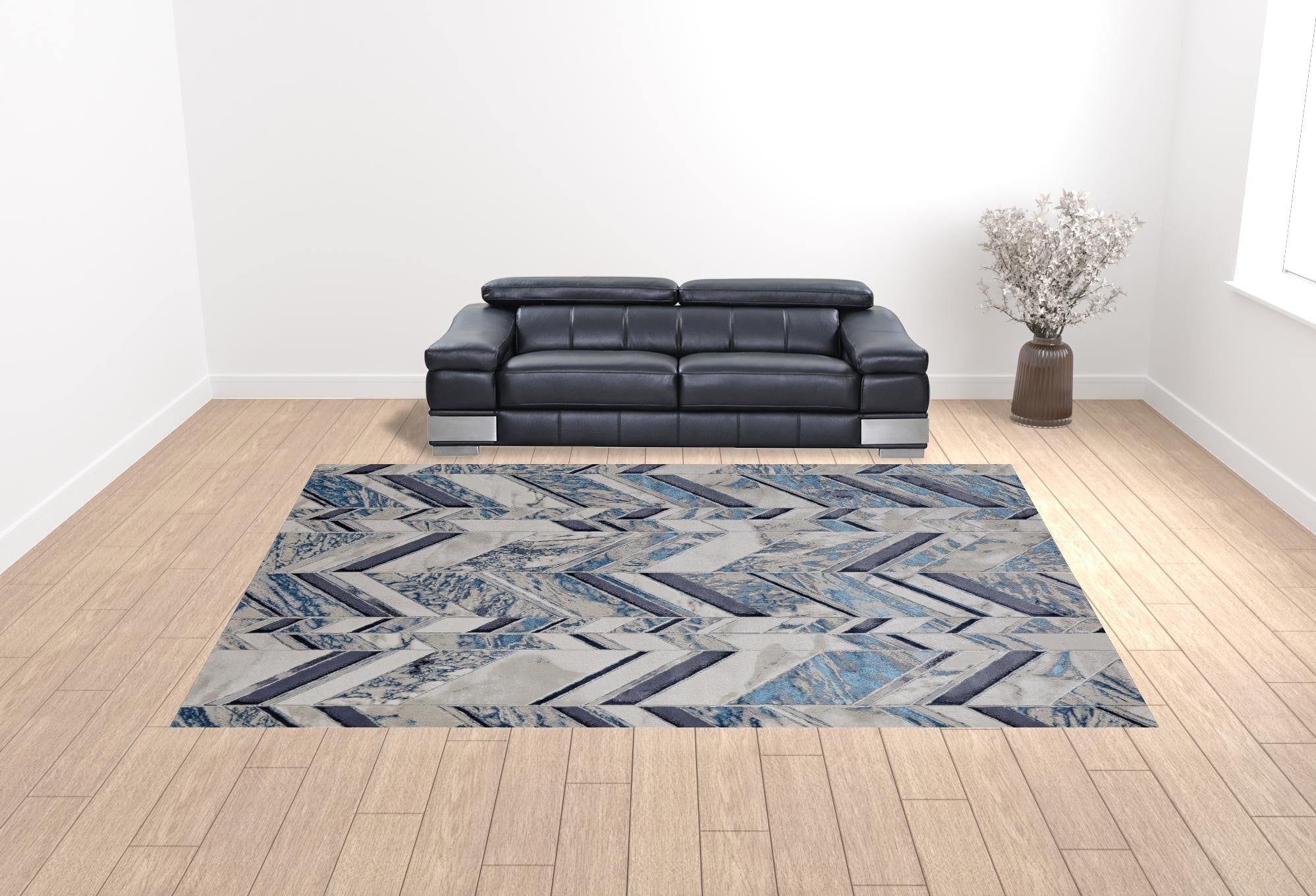 12' X 15' Ivory Blue And Gray Chevron Power Loom Distressed Area Rug