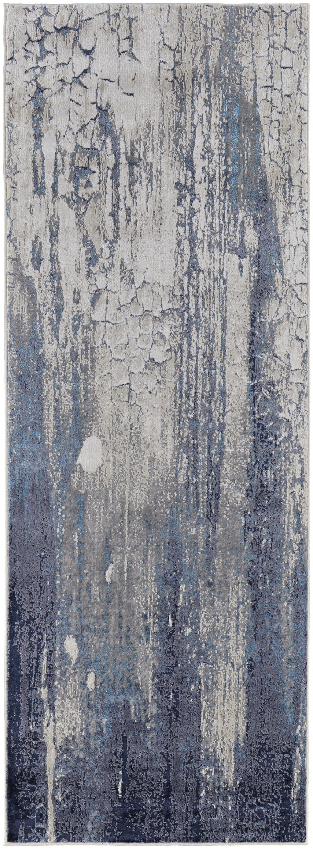 8' Ivory Blue And Black Abstract Power Loom Distressed Runner Rug