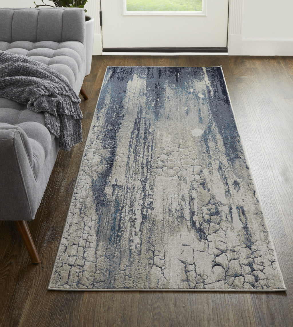 8' Ivory Blue And Black Abstract Power Loom Distressed Runner Rug