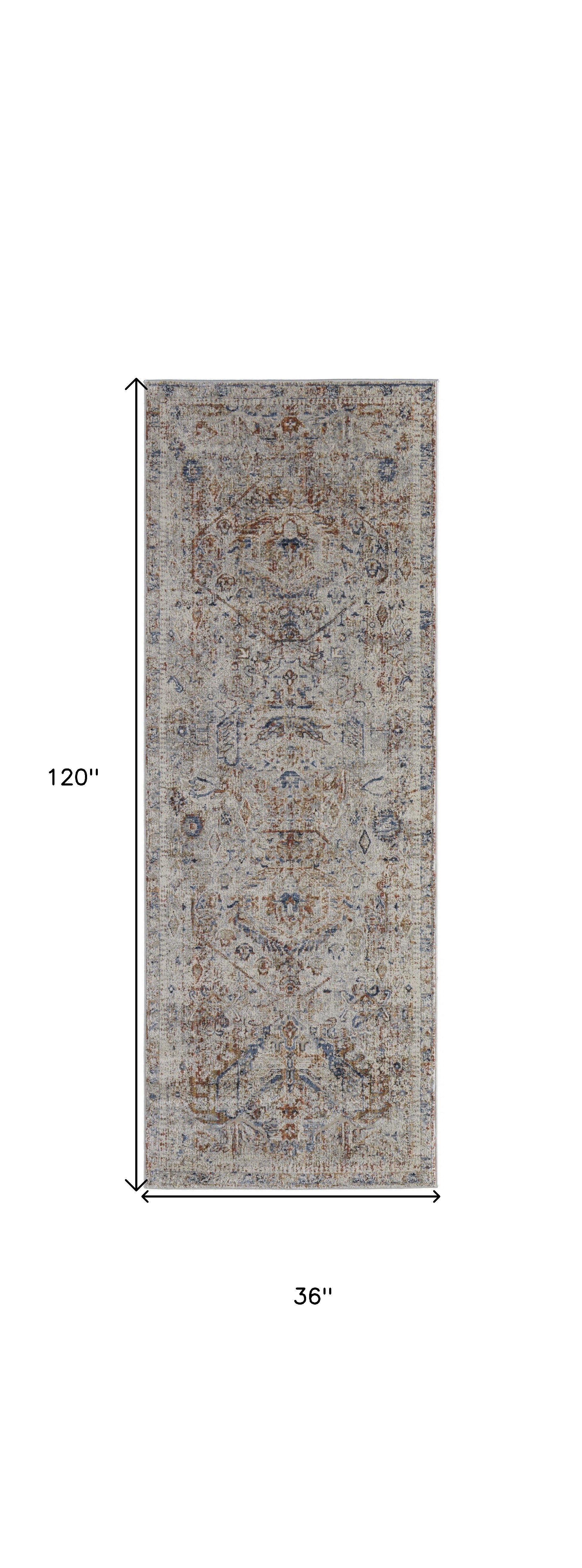 10' Tan Orange And Red Floral Power Loom Distressed Runner Rug With Fringe