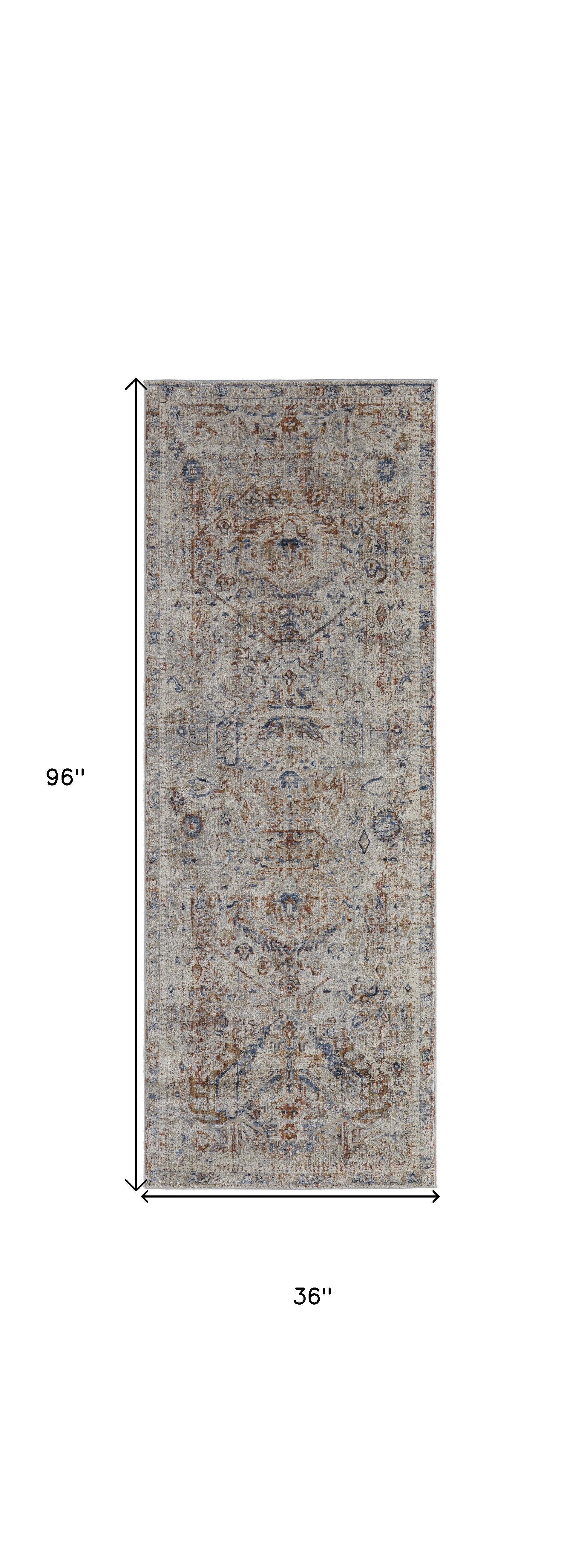 8' Tan Orange And Red Floral Power Loom Distressed Runner Rug With Fringe