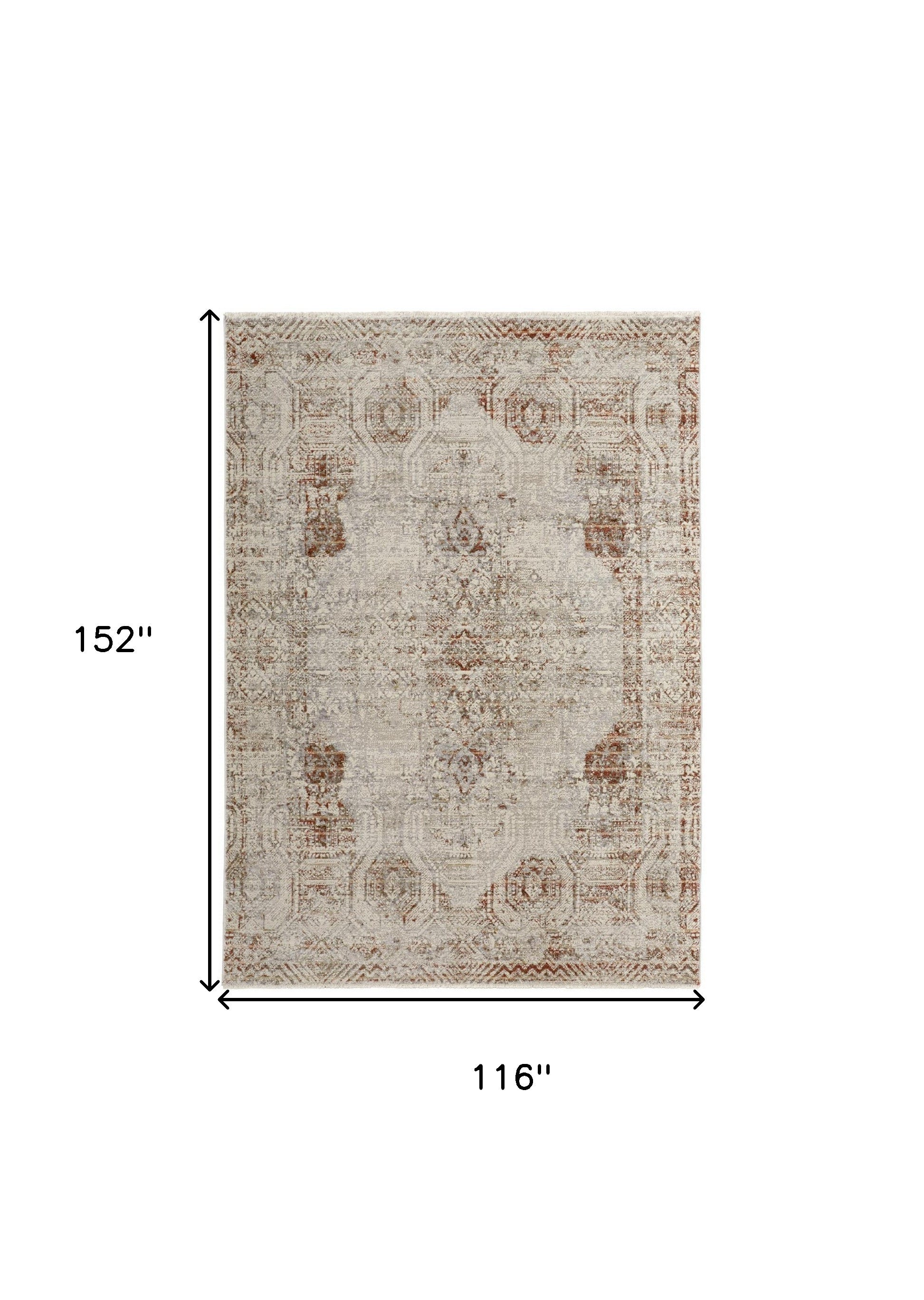 10' X 13' Tan Ivory And Orange Floral Power Loom Distressed Area Rug With Fringe