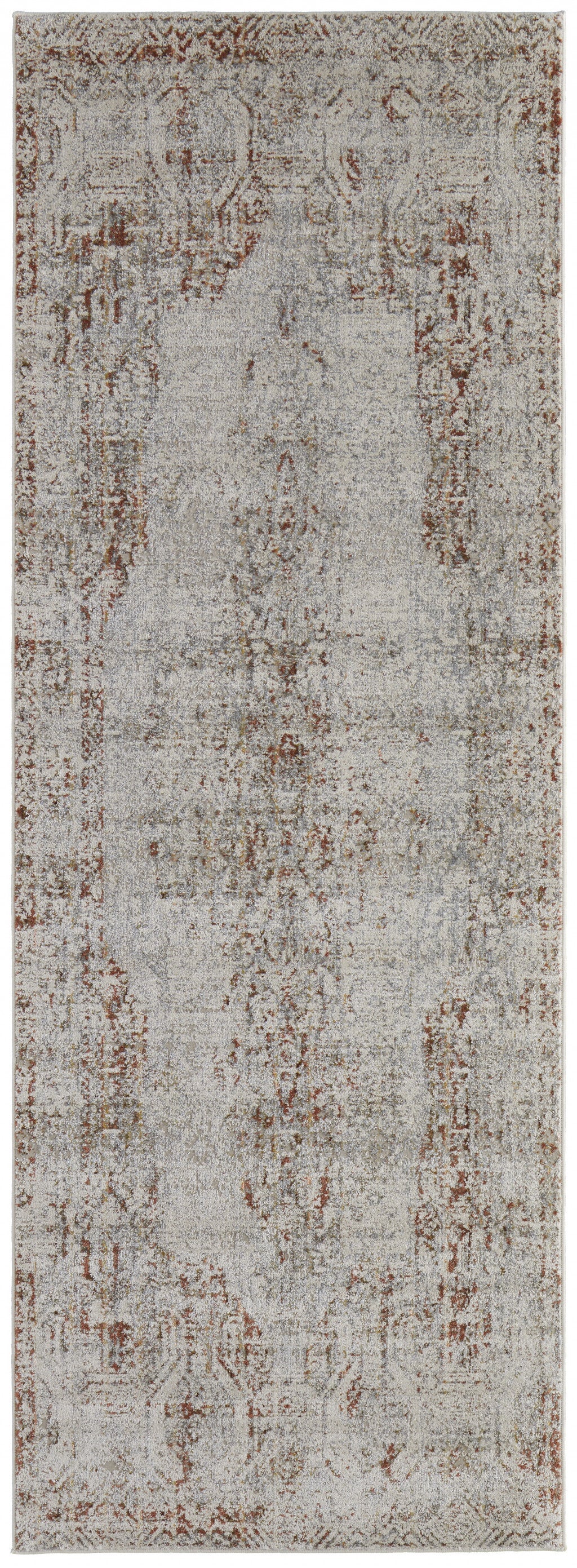 8' Tan Ivory And Orange Floral Power Loom Distressed Runner Rug With Fringe