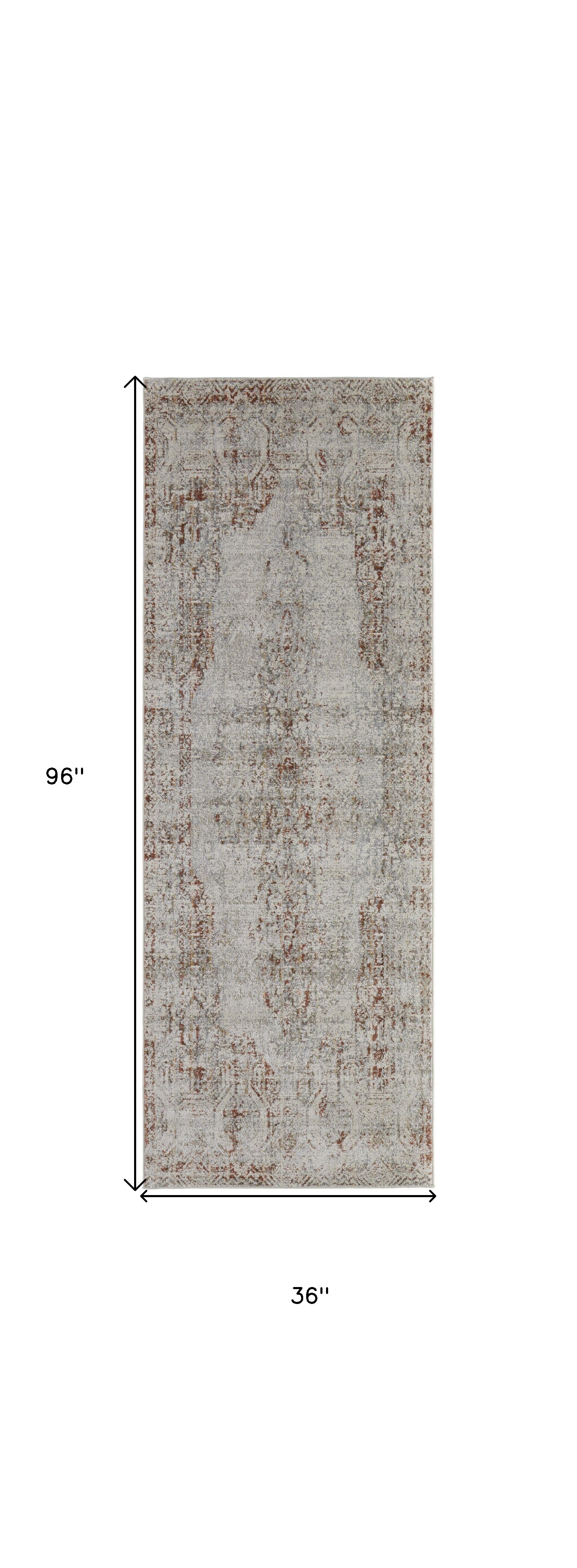 8' Tan Ivory And Orange Floral Power Loom Distressed Runner Rug With Fringe