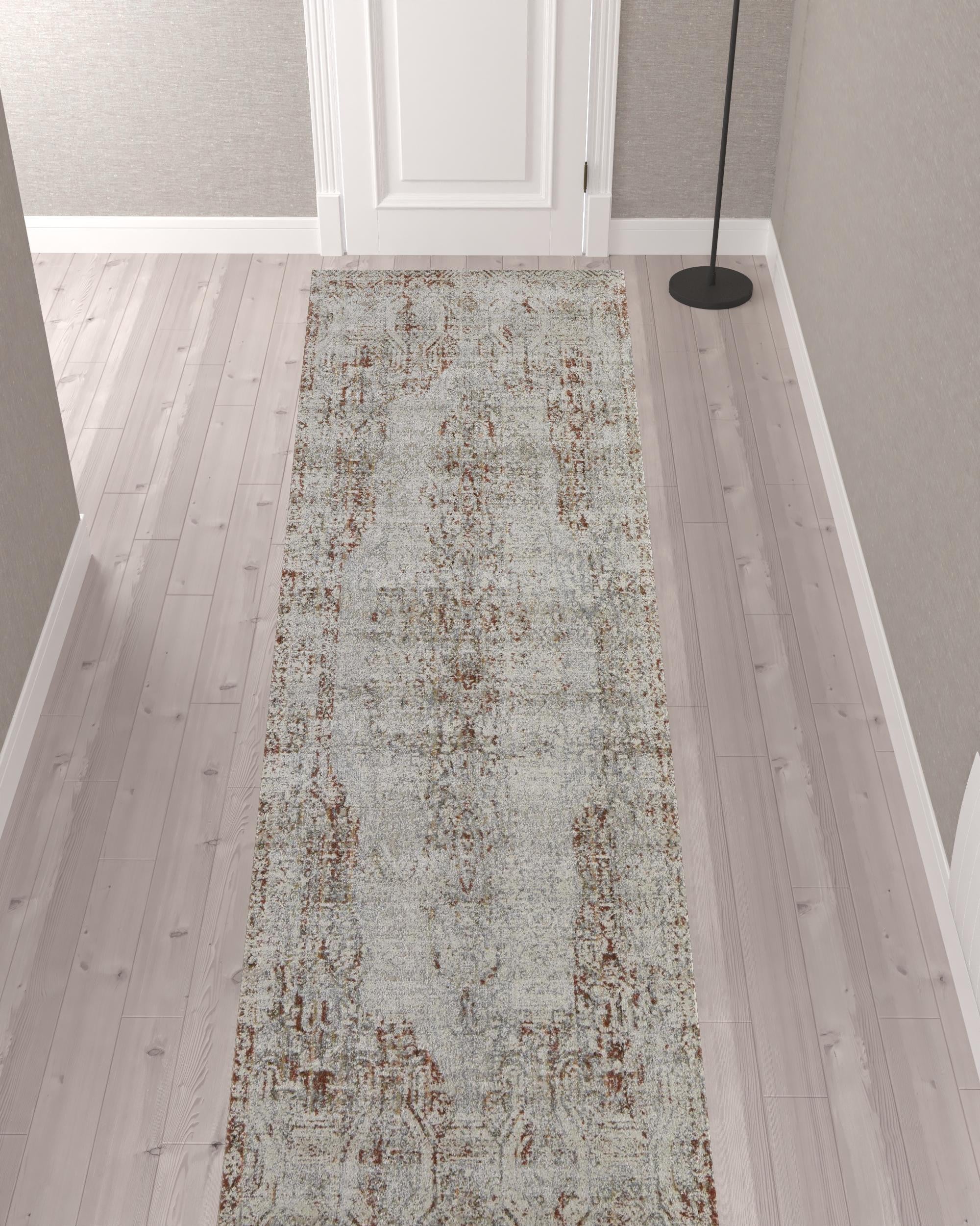 12' Tan Ivory And Orange Floral Power Loom Distressed Runner Rug With Fringe