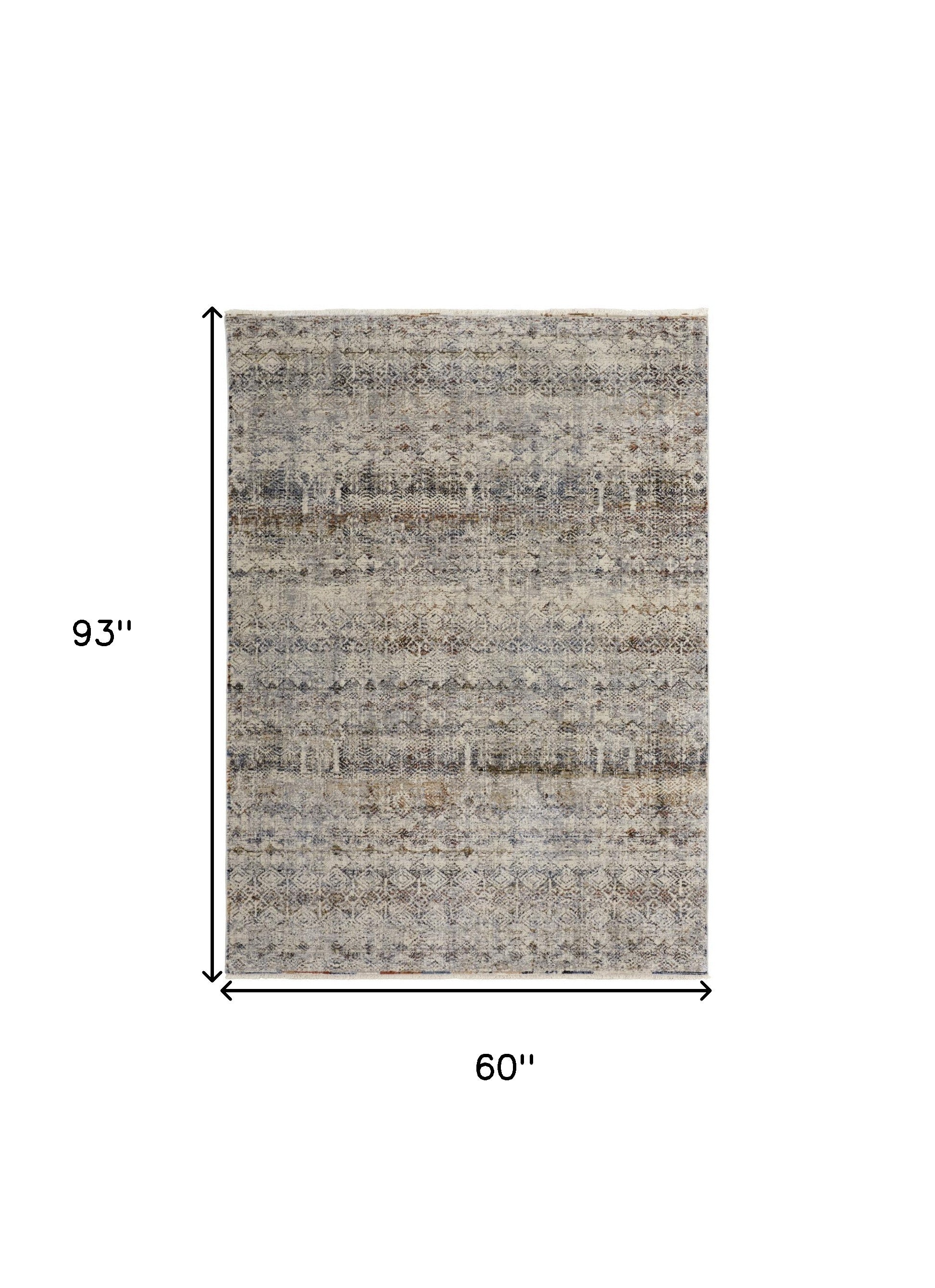 5' X 8' Tan Ivory And Blue Geometric Power Loom Distressed Area Rug With Fringe