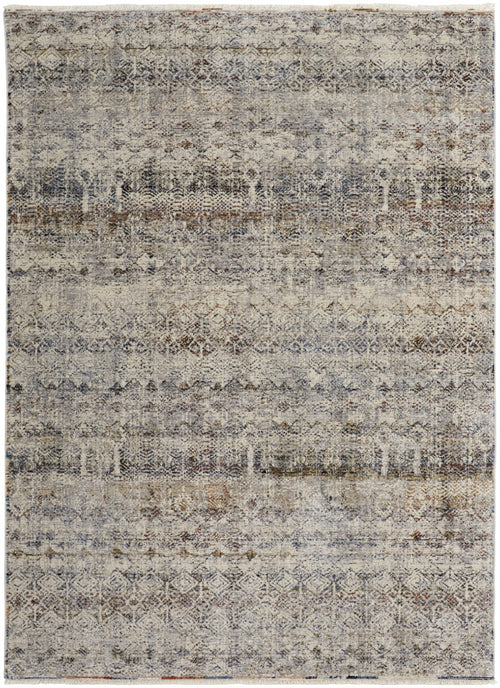 10' X 13' Tan Ivory And Blue Geometric Power Loom Distressed Area Rug With Fringe