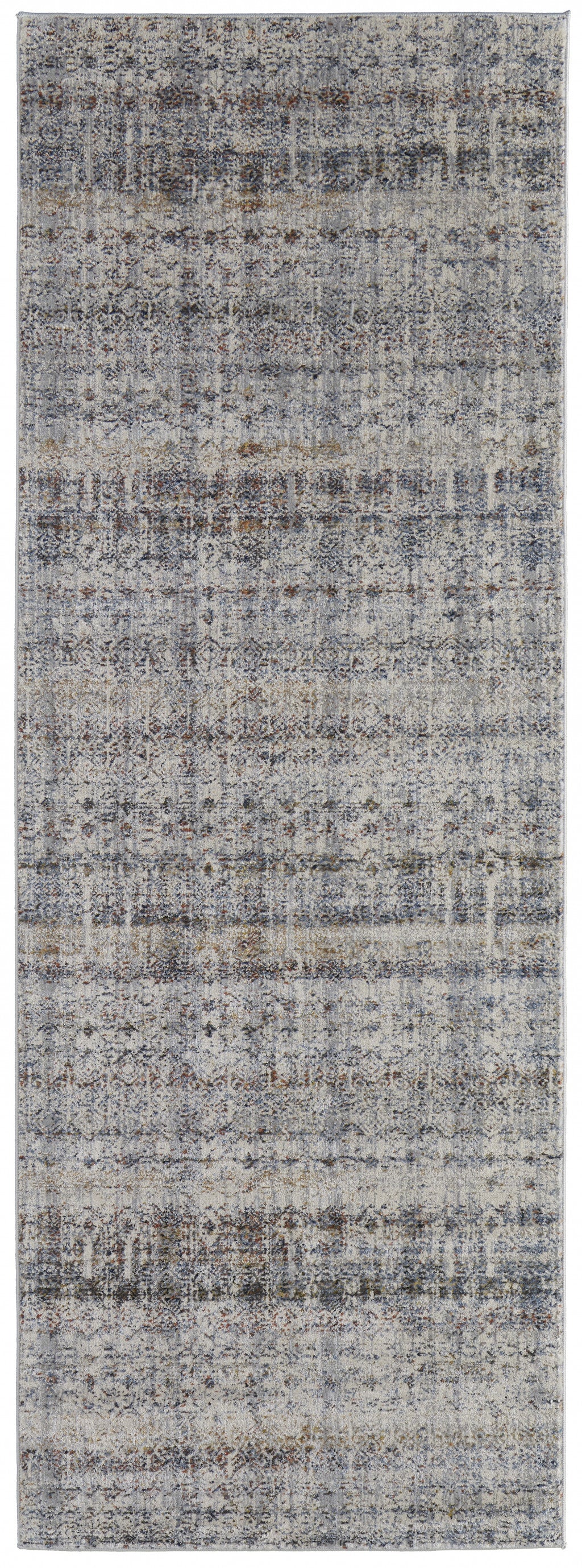 10' Tan Ivory And Blue Geometric Power Loom Distressed Runner Rug With Fringe