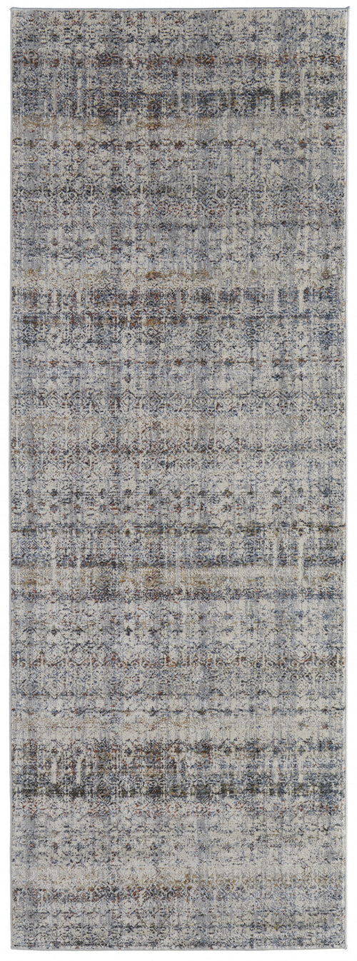 10' Tan Ivory And Blue Geometric Power Loom Distressed Runner Rug With Fringe