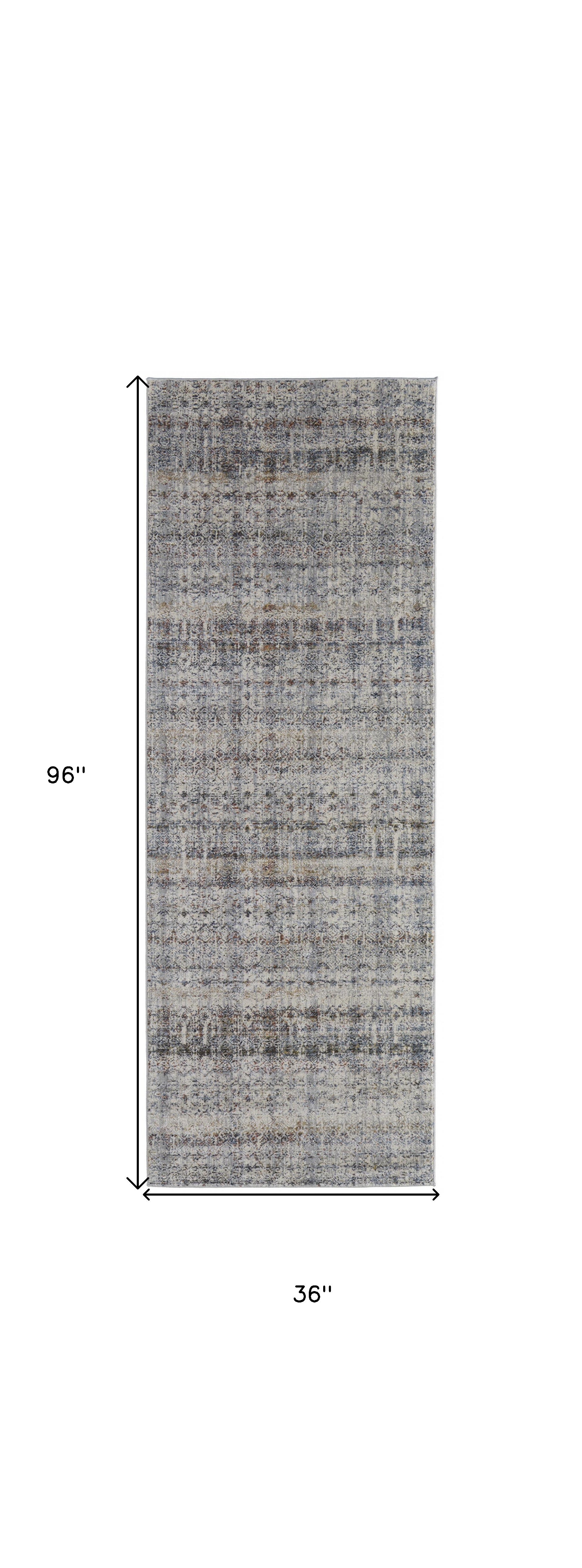 8' Tan Ivory And Blue Geometric Power Loom Distressed Runner Rug With Fringe