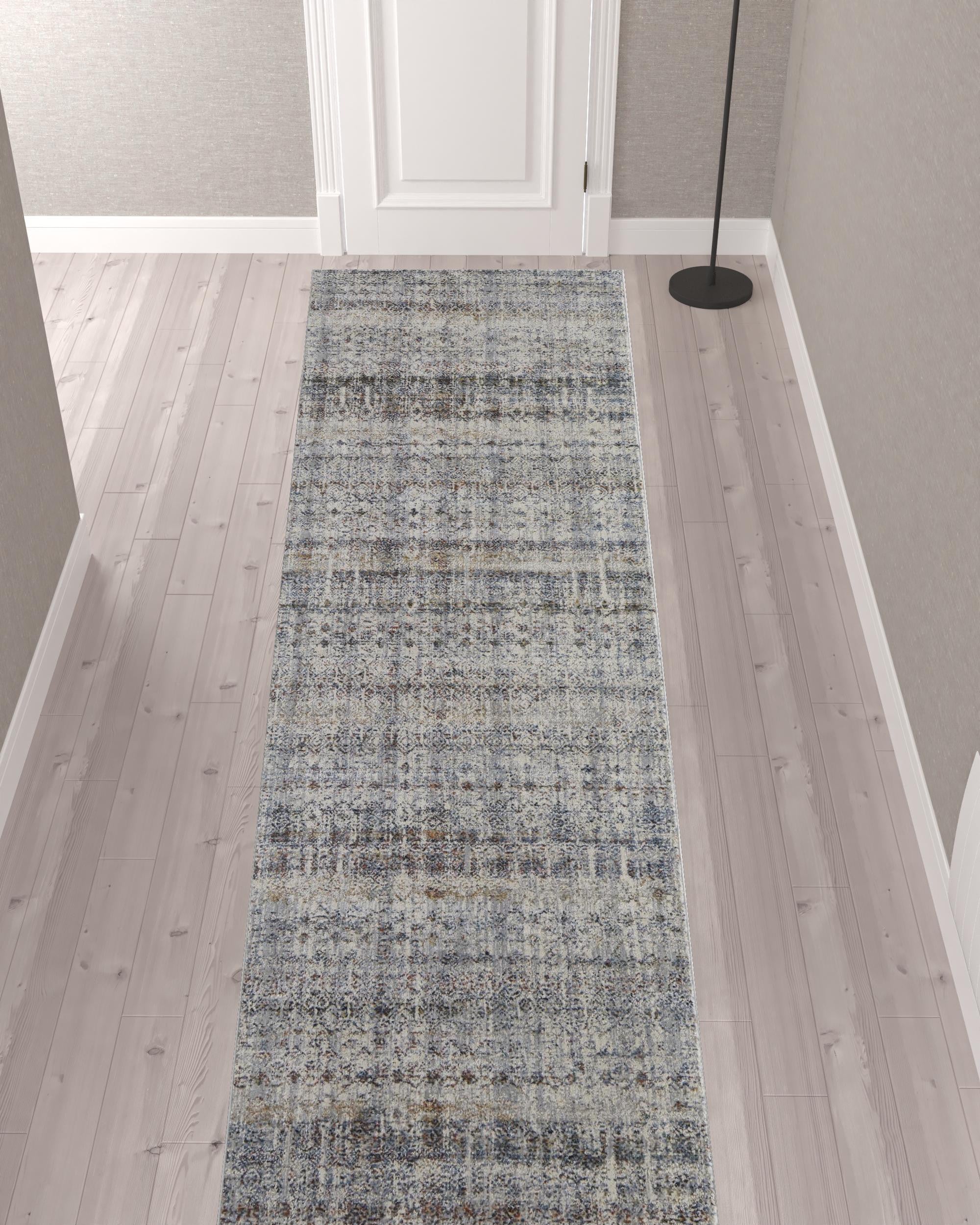 12' Tan Ivory And Blue Geometric Power Loom Distressed Runner Rug With Fringe