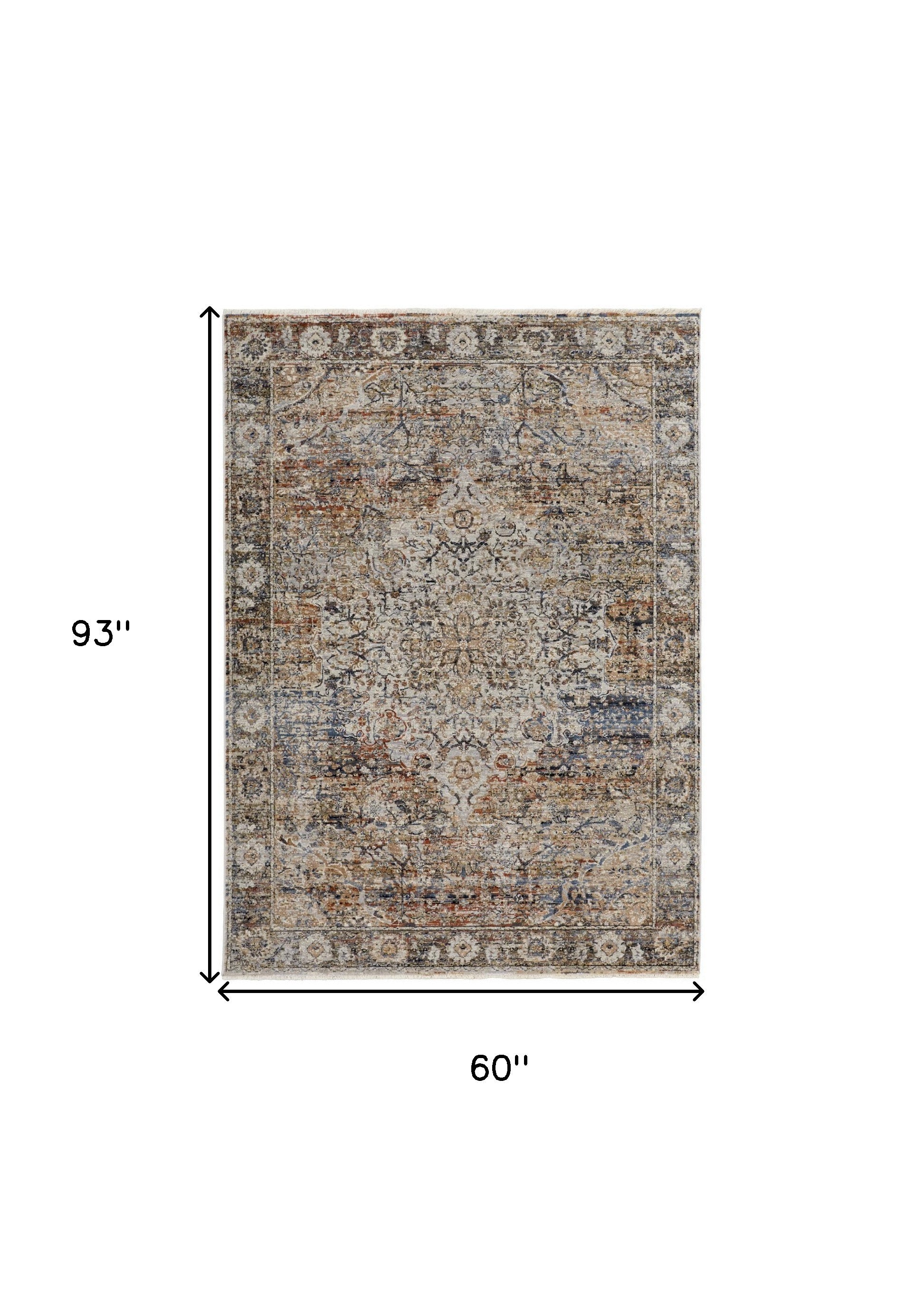 5' X 8' Tan Orange And Blue Floral Power Loom Distressed Area Rug With Fringe