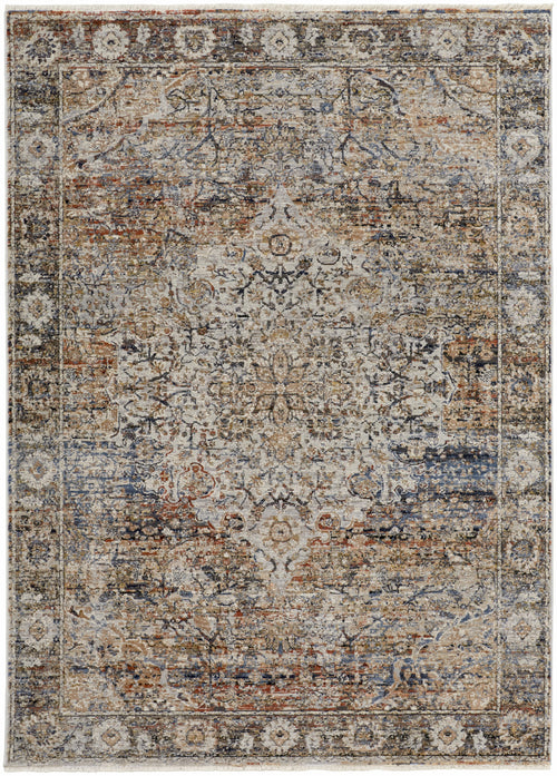 5' X 8' Tan Orange And Blue Floral Power Loom Distressed Area Rug With Fringe