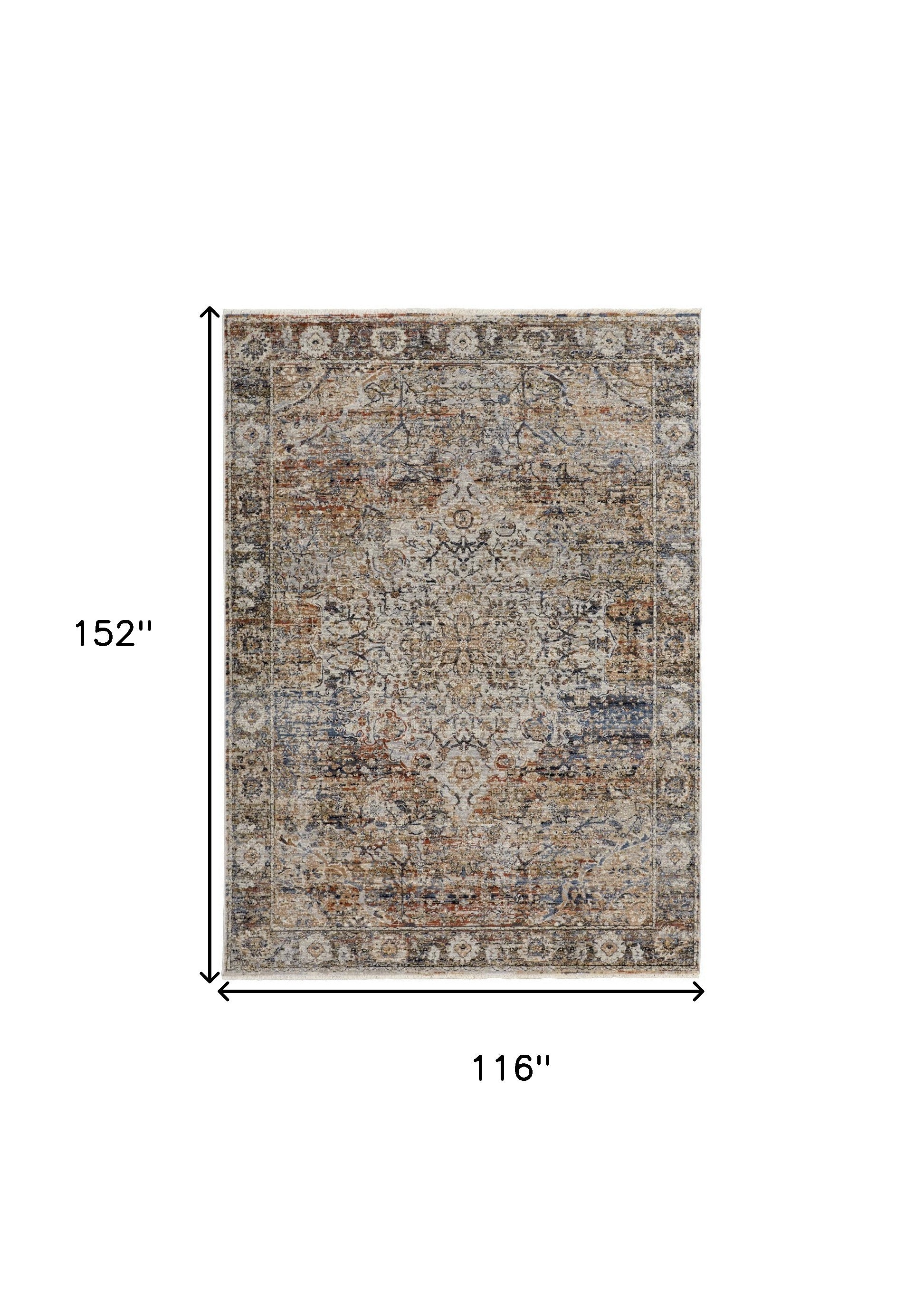 10' X 13' Tan Orange And Blue Floral Power Loom Distressed Area Rug With Fringe