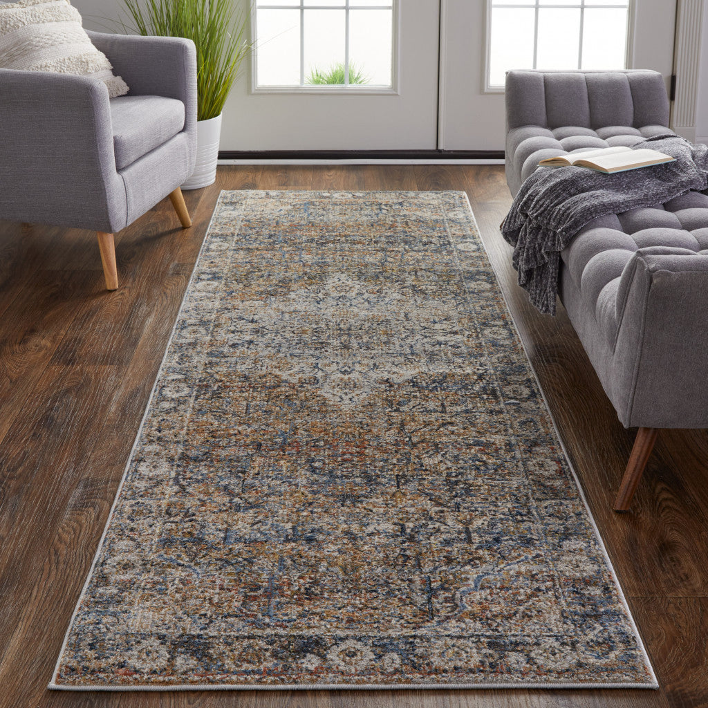 10' Tan Orange And Blue Floral Power Loom Distressed Runner Rug With Fringe