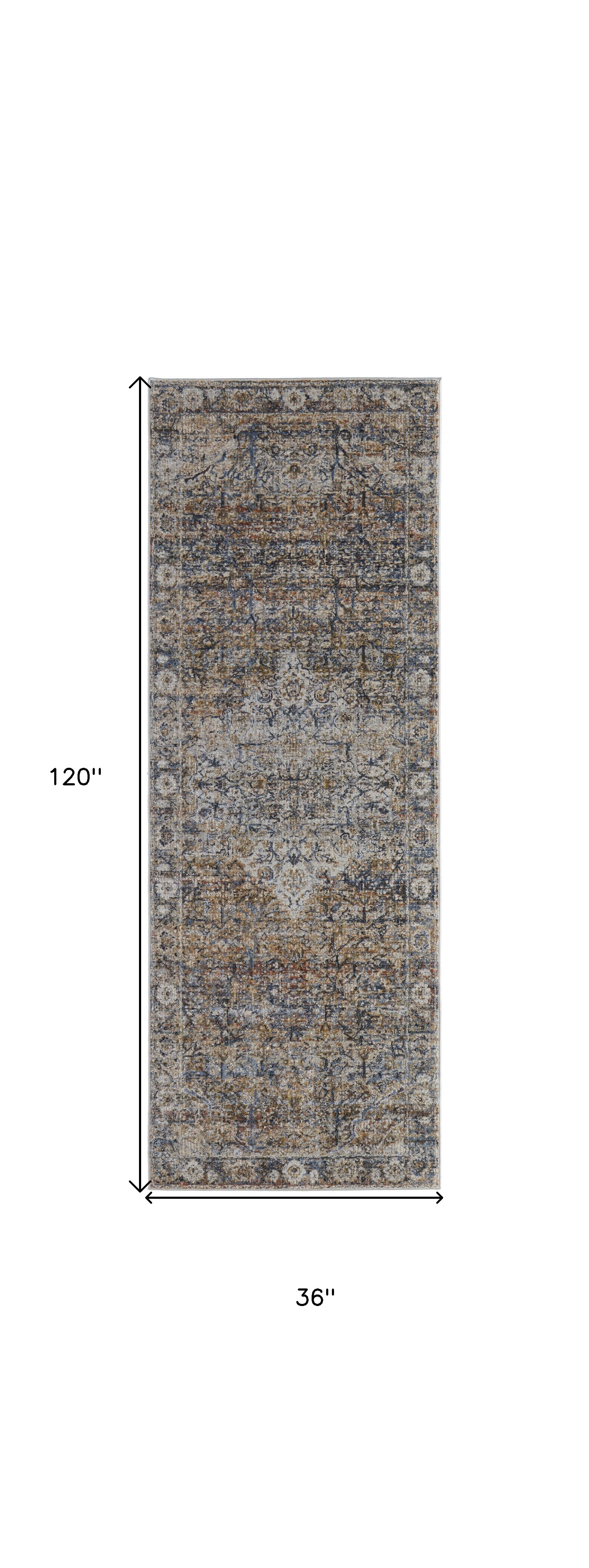 10' Tan Orange And Blue Floral Power Loom Distressed Runner Rug With Fringe