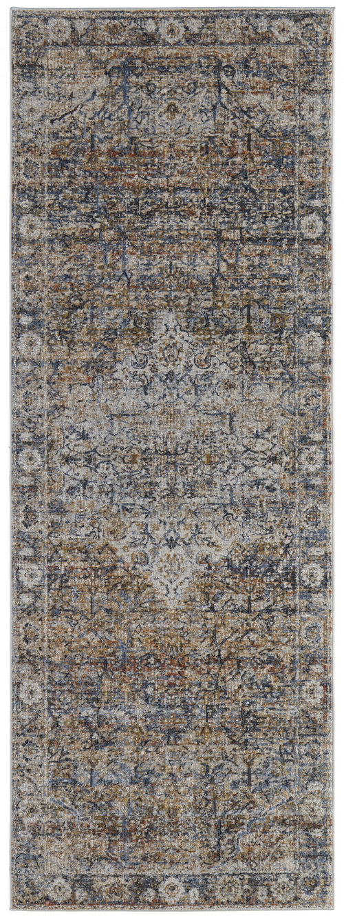 8' Tan Orange And Blue Floral Power Loom Distressed Runner Rug With Fringe