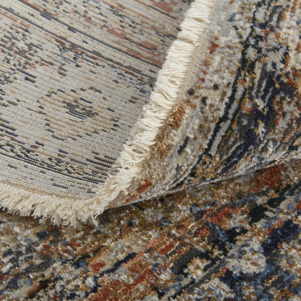 8' Tan Orange And Blue Floral Power Loom Distressed Runner Rug With Fringe