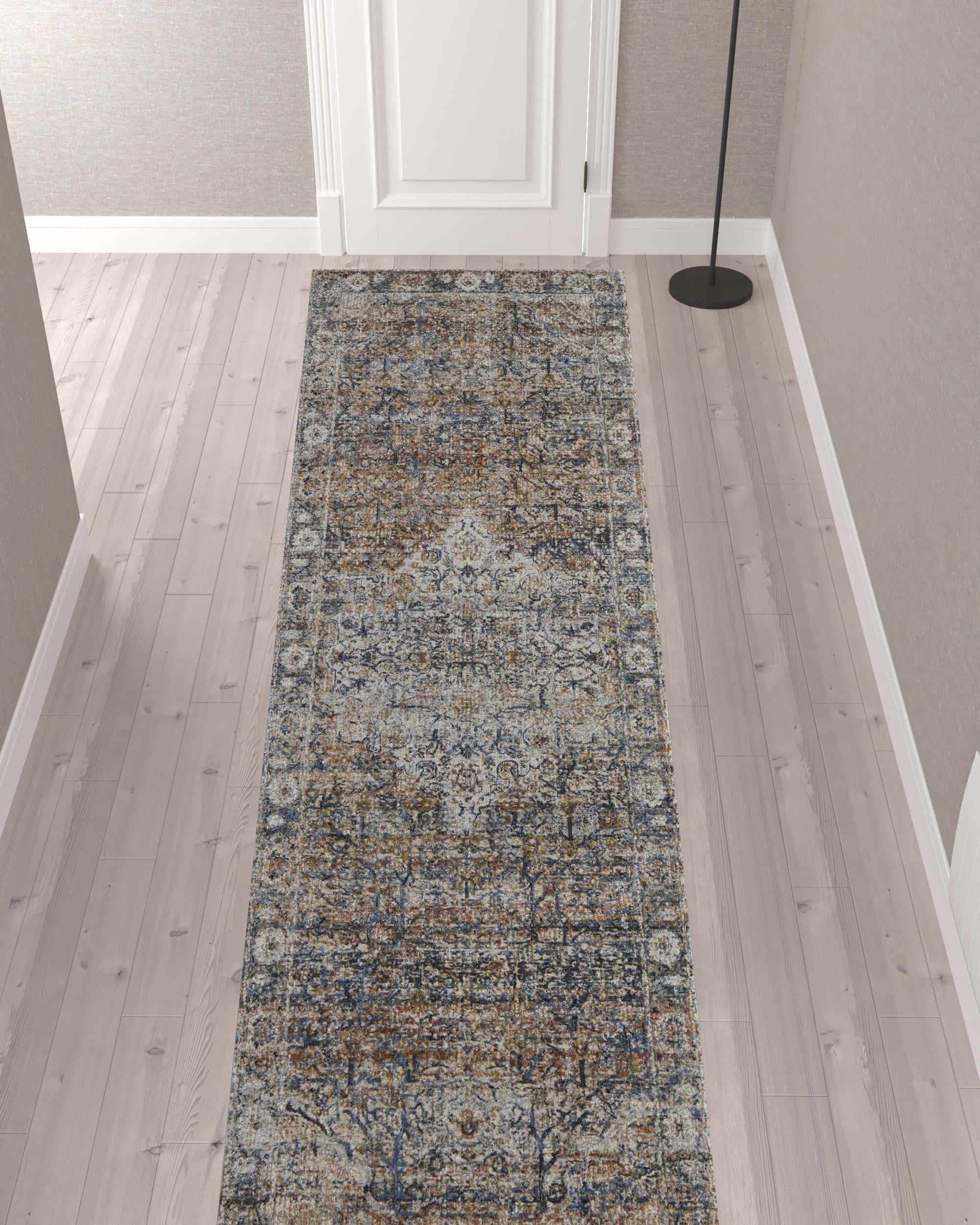 12' Tan Orange And Blue Floral Power Loom Distressed Runner Rug With Fringe