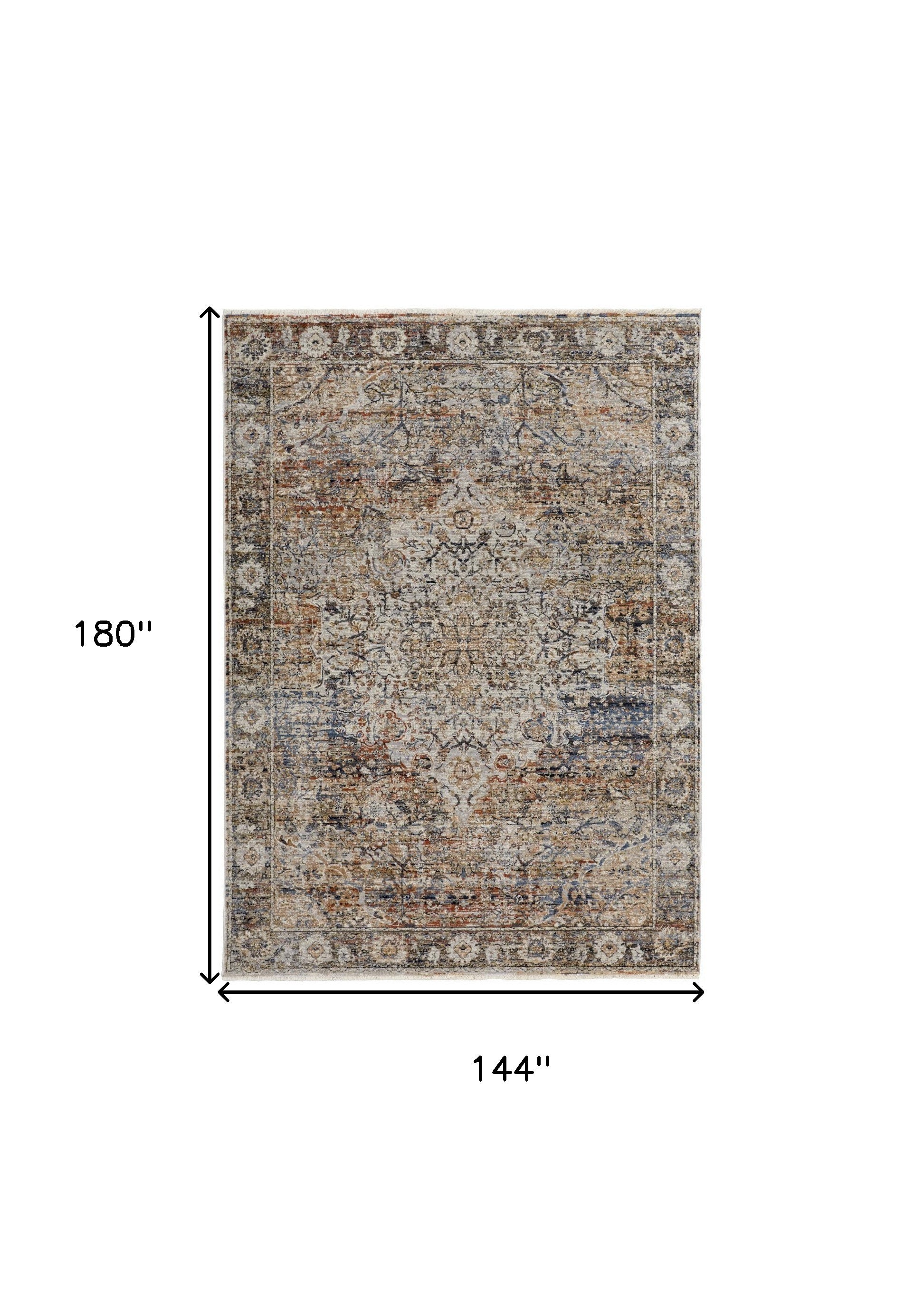 12' X 15' Tan Orange And Blue Floral Power Loom Distressed Area Rug With Fringe