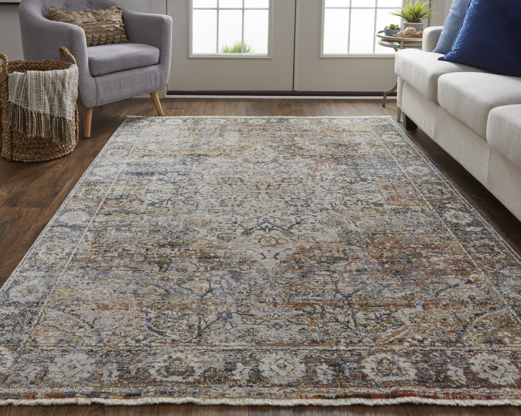 12' X 15' Tan Orange And Blue Floral Power Loom Distressed Area Rug With Fringe