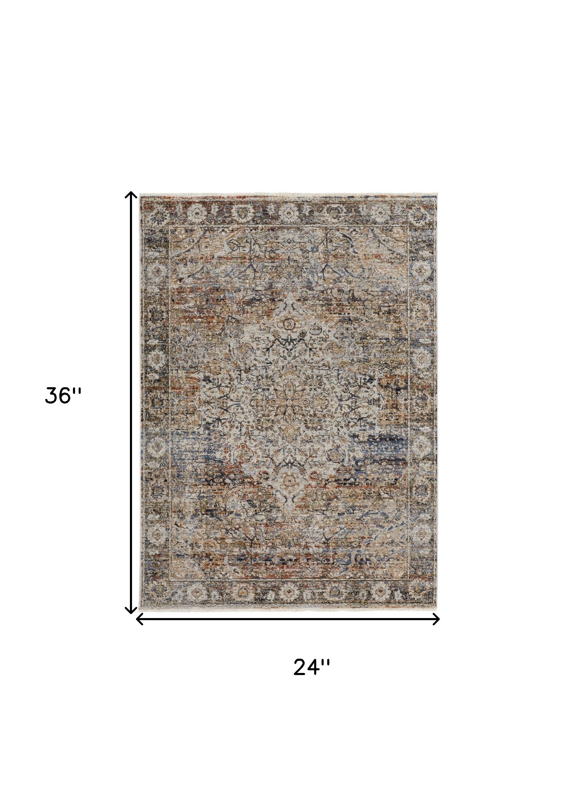 2' X 3' Tan Orange And Blue Floral Power Loom Distressed Area Rug With Fringe