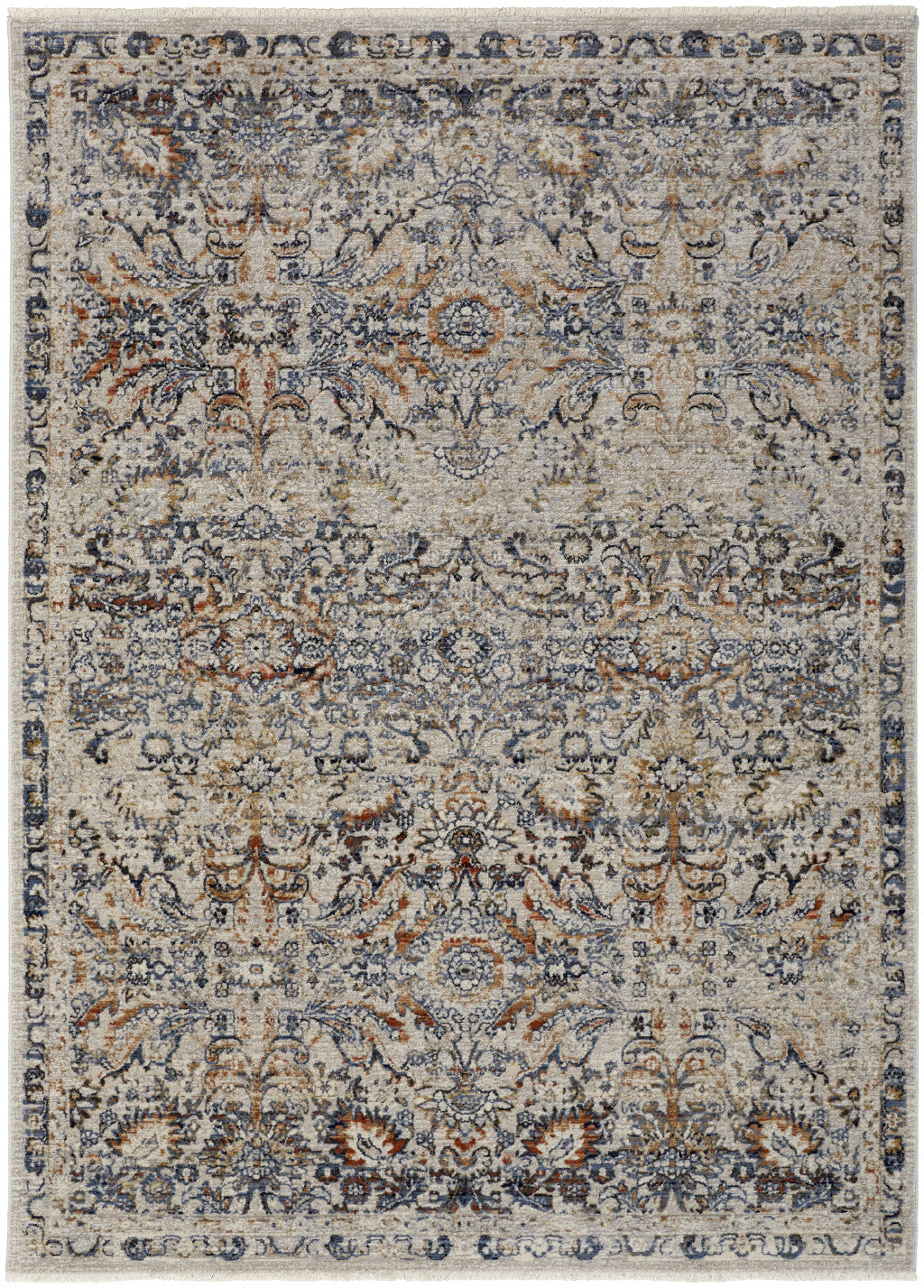 5' X 8' Tan Blue And Orange Floral Power Loom Distressed Area Rug With Fringe