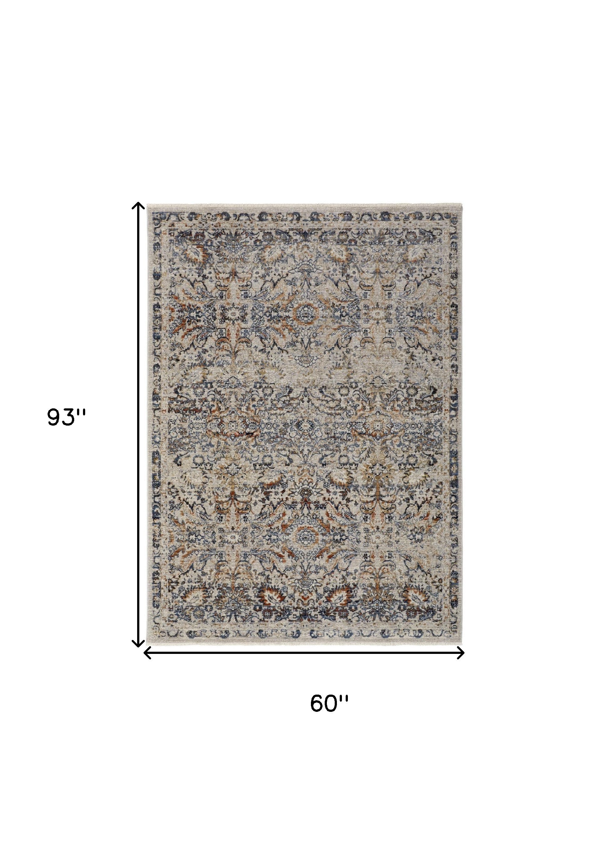 5' X 8' Tan Blue And Orange Floral Power Loom Distressed Area Rug With Fringe