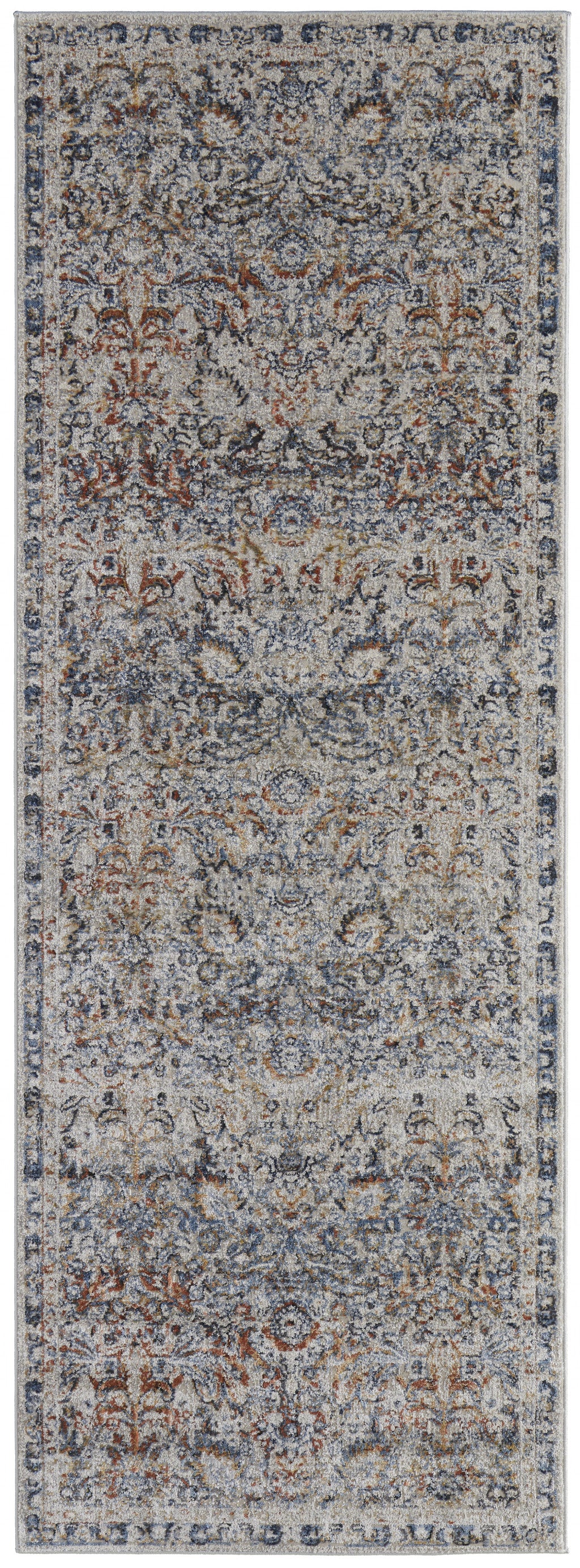 10' Tan Blue And Orange Floral Power Loom Distressed Runner Rug With Fringe