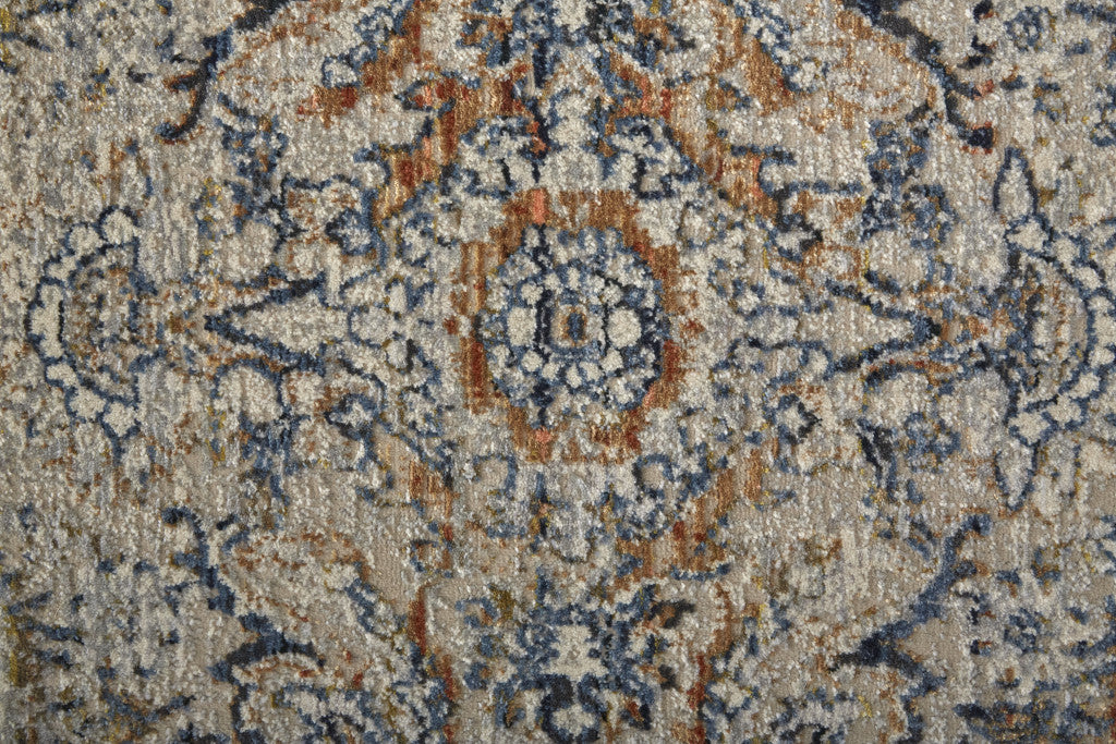 10' Tan Blue And Orange Floral Power Loom Distressed Runner Rug With Fringe